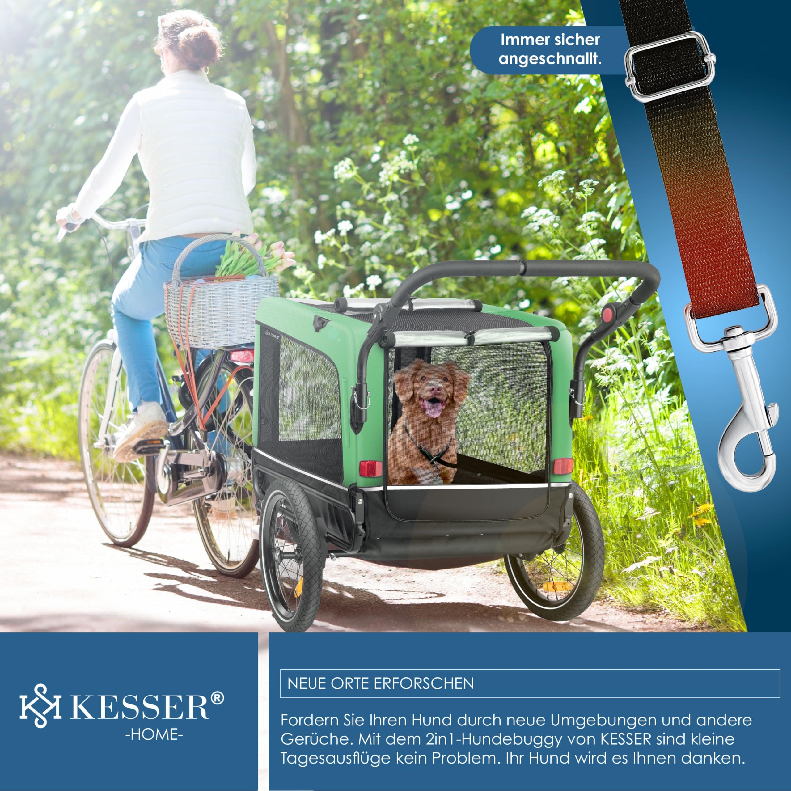 KESSER® Boxer 3-in-1 Rimorchio per Cani, circa 240 Litri di Volume, Tela Oxford 600D, SmartSpace Concept, max. 40 kg incluso Supporto per Bevande e Smartphone, molleggiato