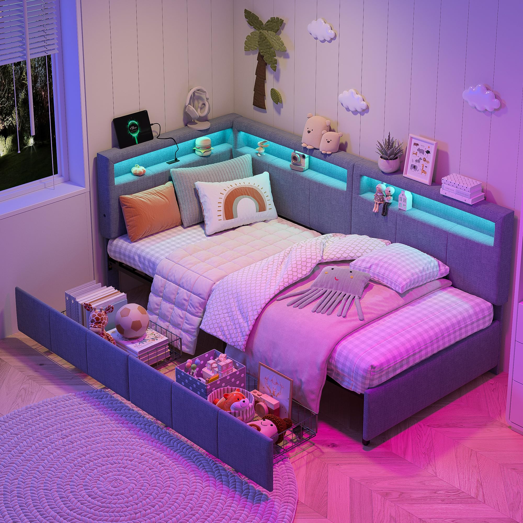 Letto angolare imbottito 90x200 cm con illuminazione a LED e USB-C, divano letto a L con 2 cassetti e ripiano contenitore, letto funzionale con base a doghe