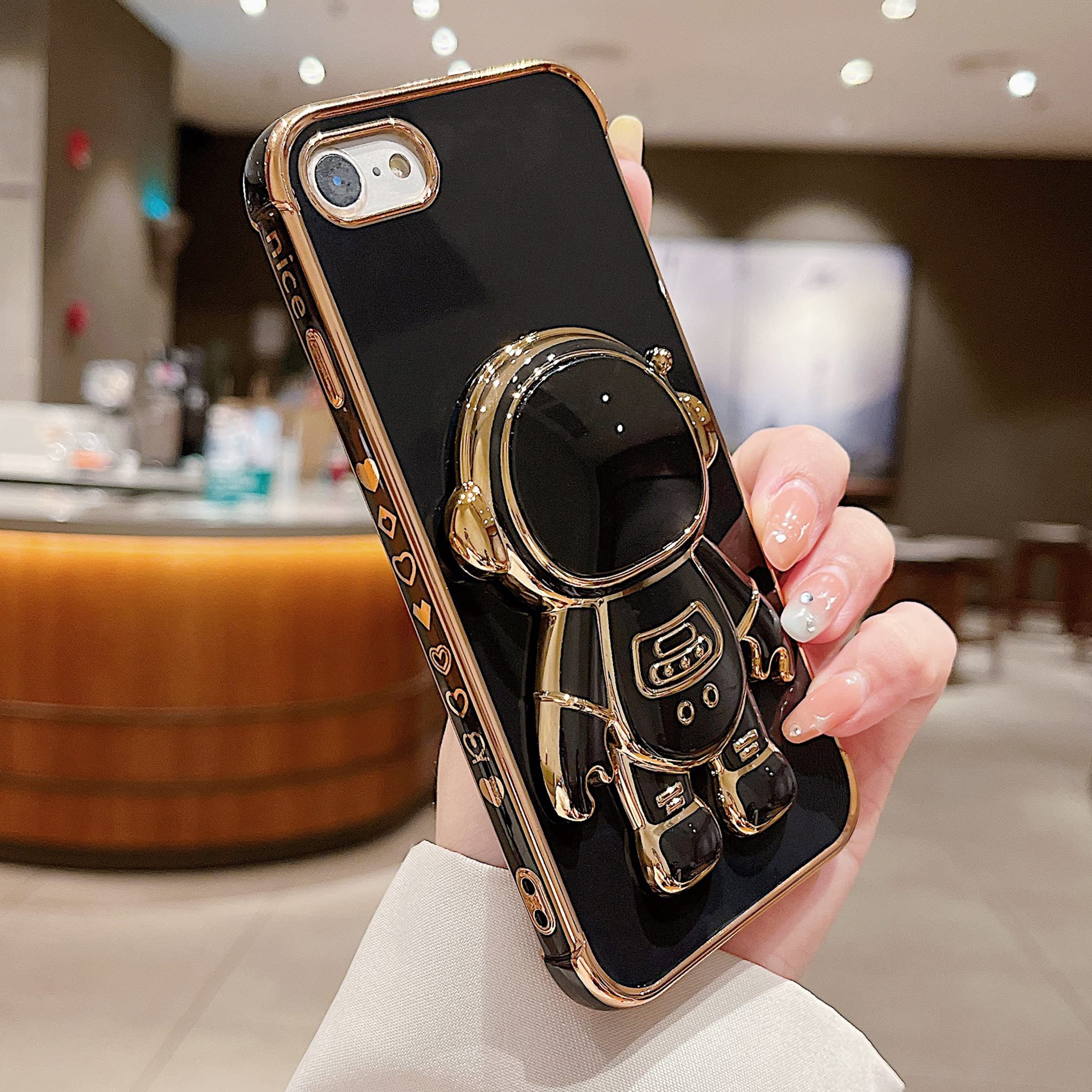 Sponsored Ad – Case for iPhone 7/8/SE 2020/SE 2022 with Astronaut Stand,Luxury Plating Electroplate Case with Camera Protection Cute Love Heart Side Pattern Soft Silicone Shockproof Kickstand Cover-Black