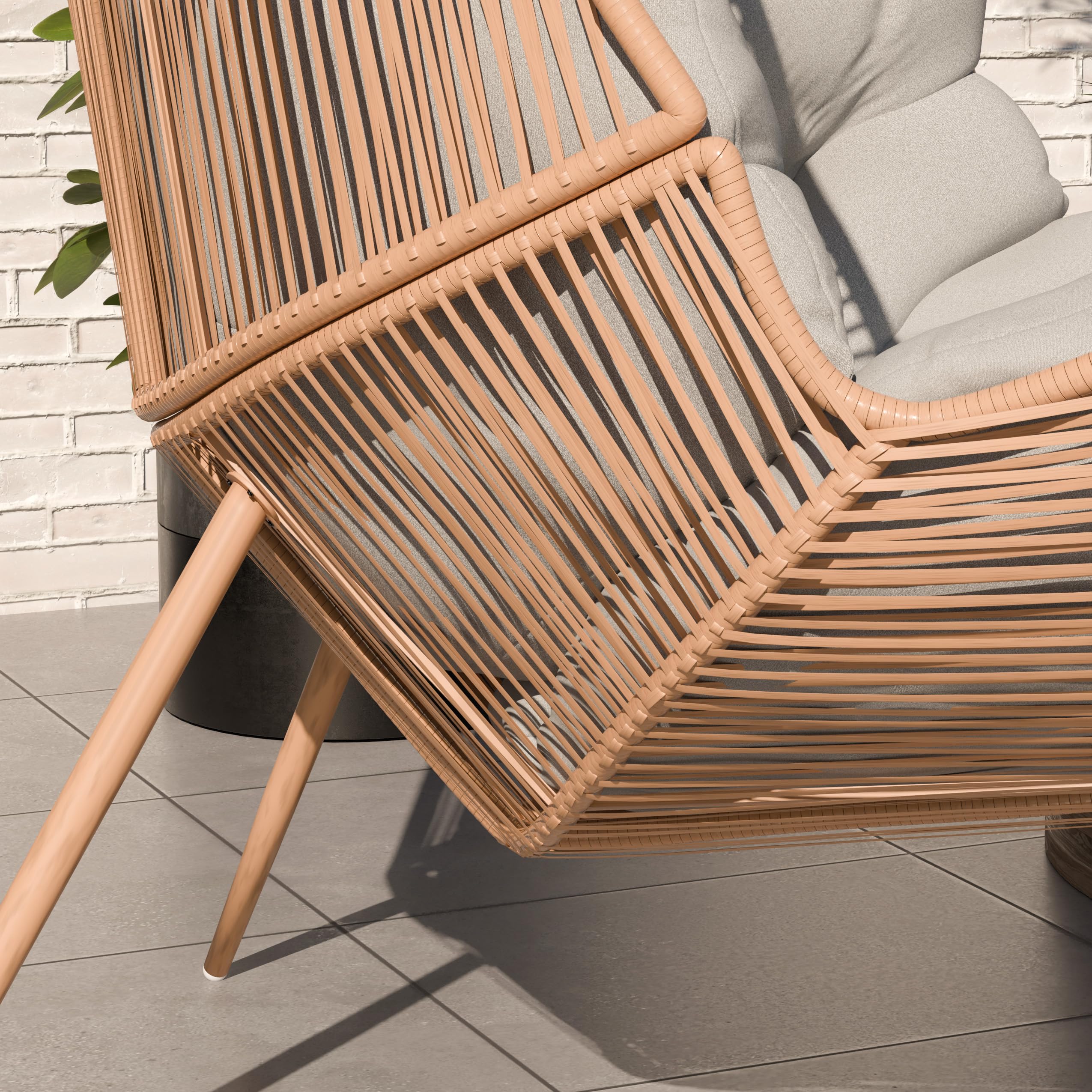 Summery, fotel rattanowy, odporny na warunki atmosferyczne, fotel ogrodowy z poduszką do siedzenia, fotel balkonowy, fotel wiklinowy na taras, poduszka odporna na działanie wody, szara, wyściełana