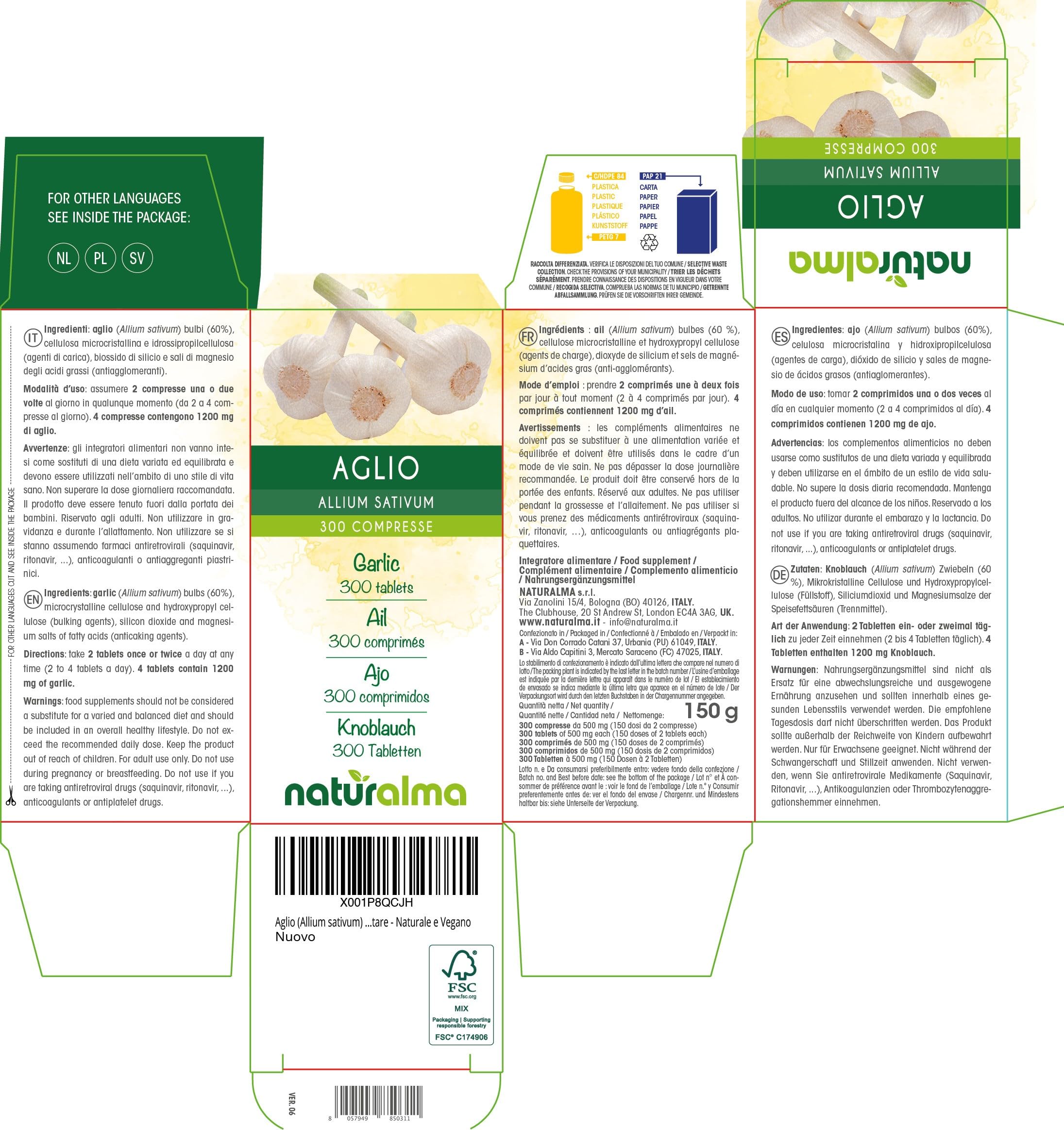 Aglio (Allium sativum) bulbi Naturalma - 150 g - 300 compresse - Integratore alimentare - Naturale e Vegano