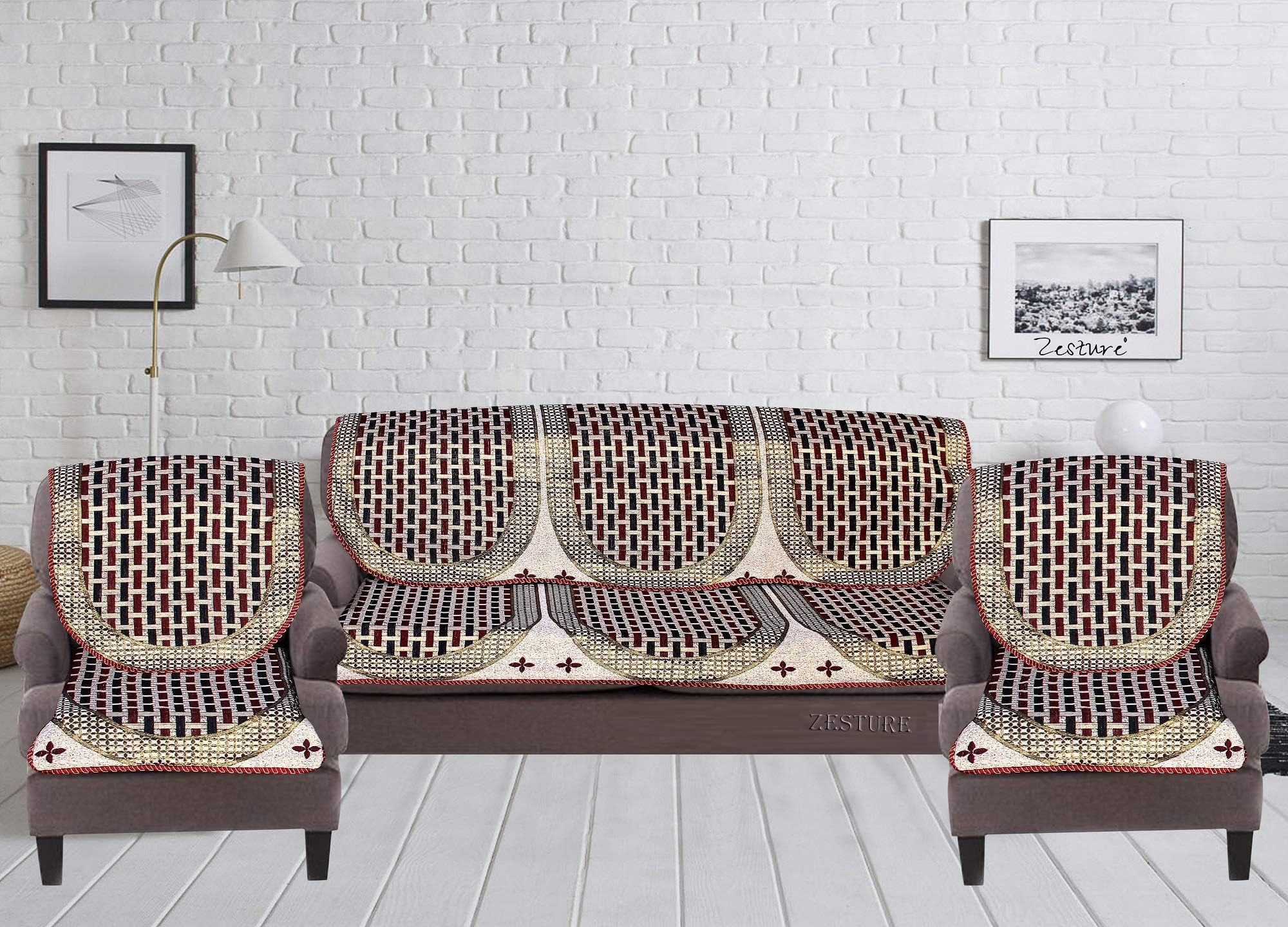 Zesture Home Luxurious Jacquard Weaved Checkered Bricks Design 6 Piece Protective Sofa Cover and Chair Cover Set,slipcover, 5 Seater (3 +1 + 1)