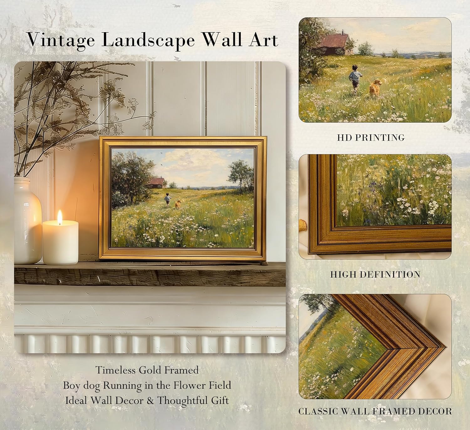 Gold Framed Vintage Landscape Canvas Wall Art Boy Dog Running in the Flower Field Painting Picture Wall Decor Spring Meadow Oil Painting Poster Print Artwork for Living Room Bedroom Home Decoration