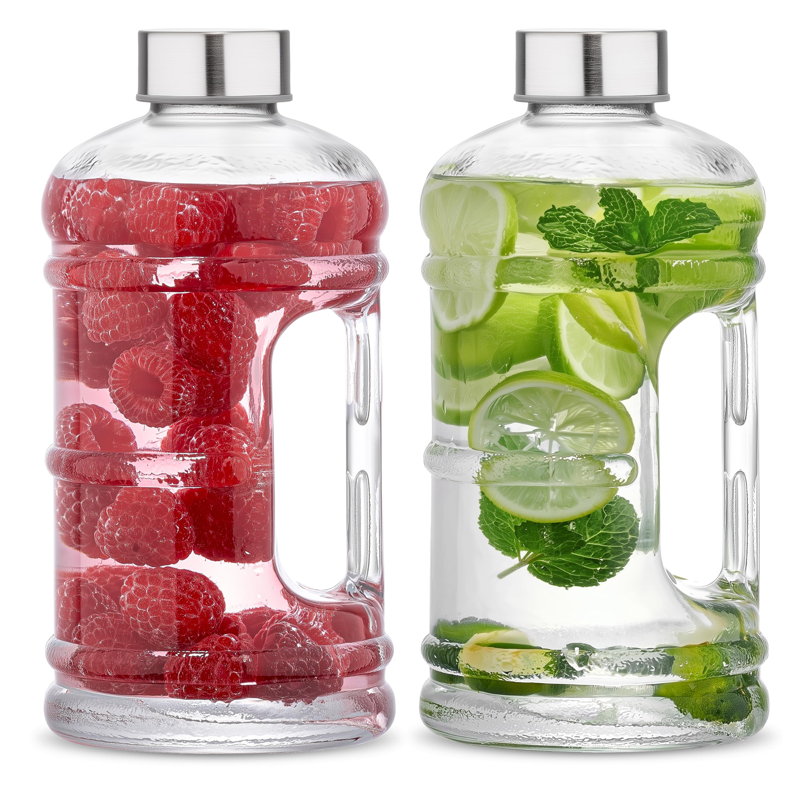 LIMILI Glass Bottles, 750ml Glass Water Bottle with Stainless Steel Lids, Leak Proof Reusable for Hot Cold Drinks Party Home Kitchen (2PCS - WITH BIG HANDLE)