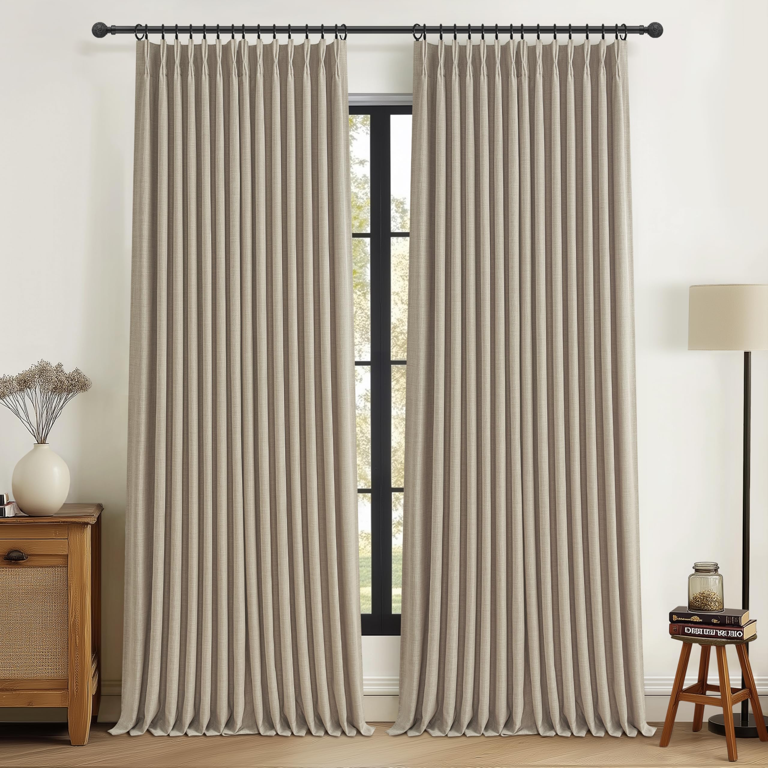 70 Inch Extra Wide Memory Trained Pinch Pleated Blackout Living Room Curtains 108 Inches Long, Warm Beige Linen 2 Layer Black Out Lux Decor Thermal Sound Dampening Curtain 70W x 108L 2 Panels Set