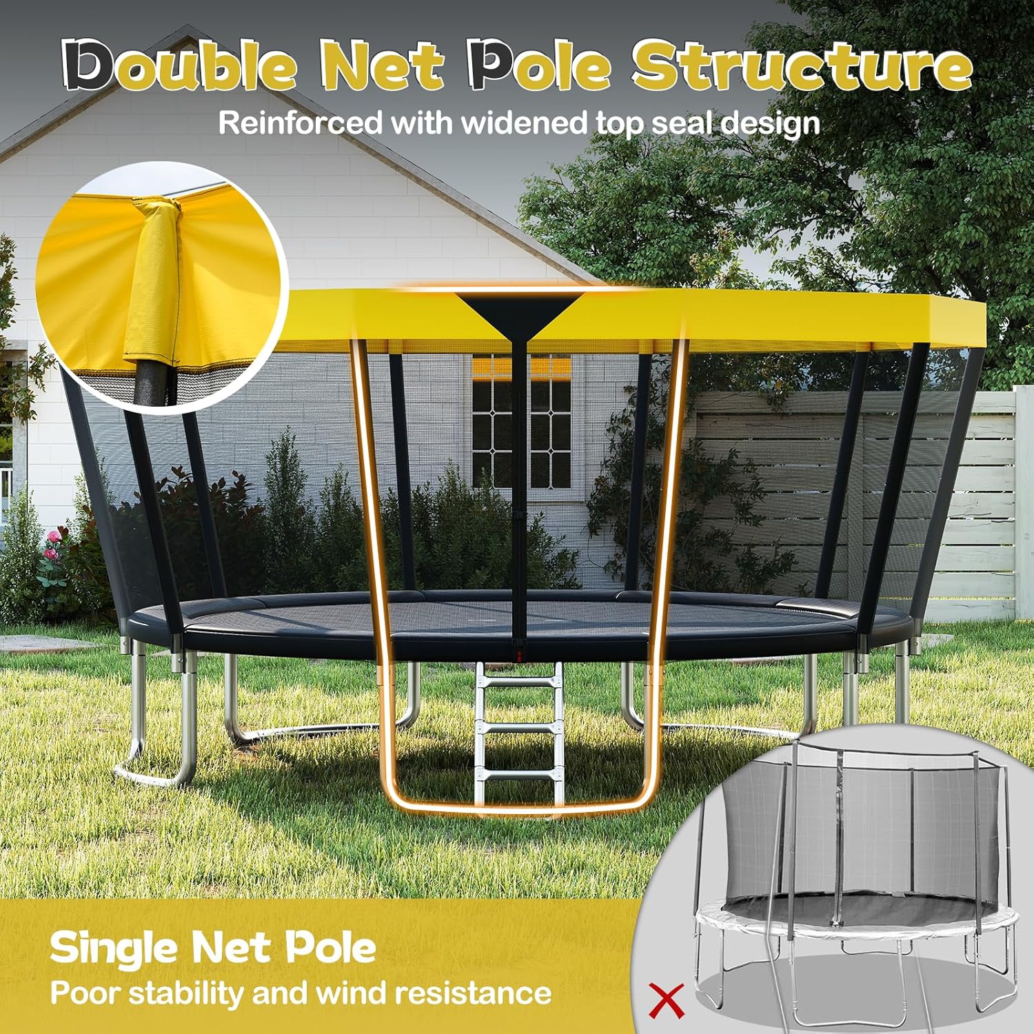 GYMAX Trampoline Outdoor, ASTM Approved Recreational Trampoline with Safety Enclosure Net & Non-Slip Ladder for Kids & Adults, Anti-Rust Large Rebounder Trampolines for Outside, Backyard