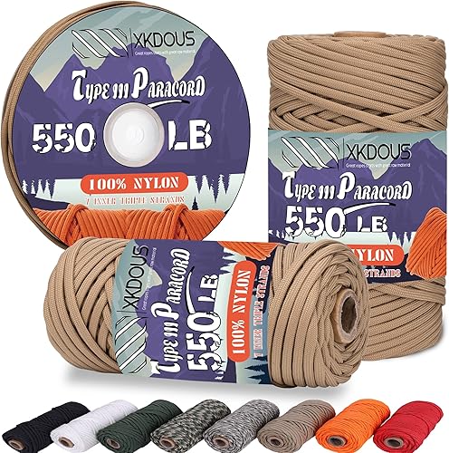 XKDOUS Cuerda de paracaídas 550 Paracord marrón de 50 pies, 100% nailon, 7 hebras, núcleo interior tipo III, cuerda de paracaídas táctica, equipo de