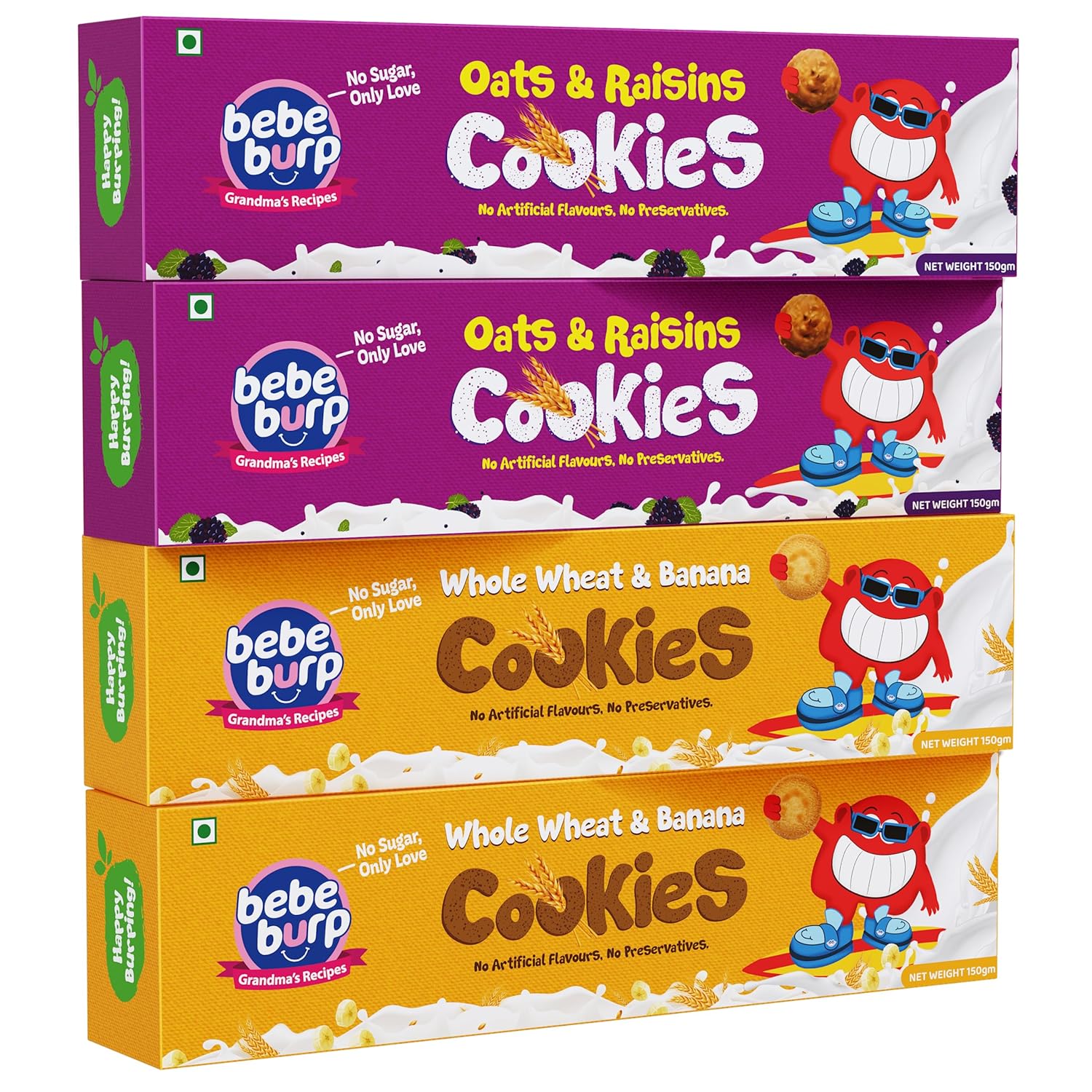 Bebe Burp-Organic Whole Wheat, Oats & Raisins Cookies | Natural Tasty & Healthy Cookies | No Preservatives & Artificial Flavors |Snacks For Kids – 150gm (Pack of 4)-(Combo 2 for Each)