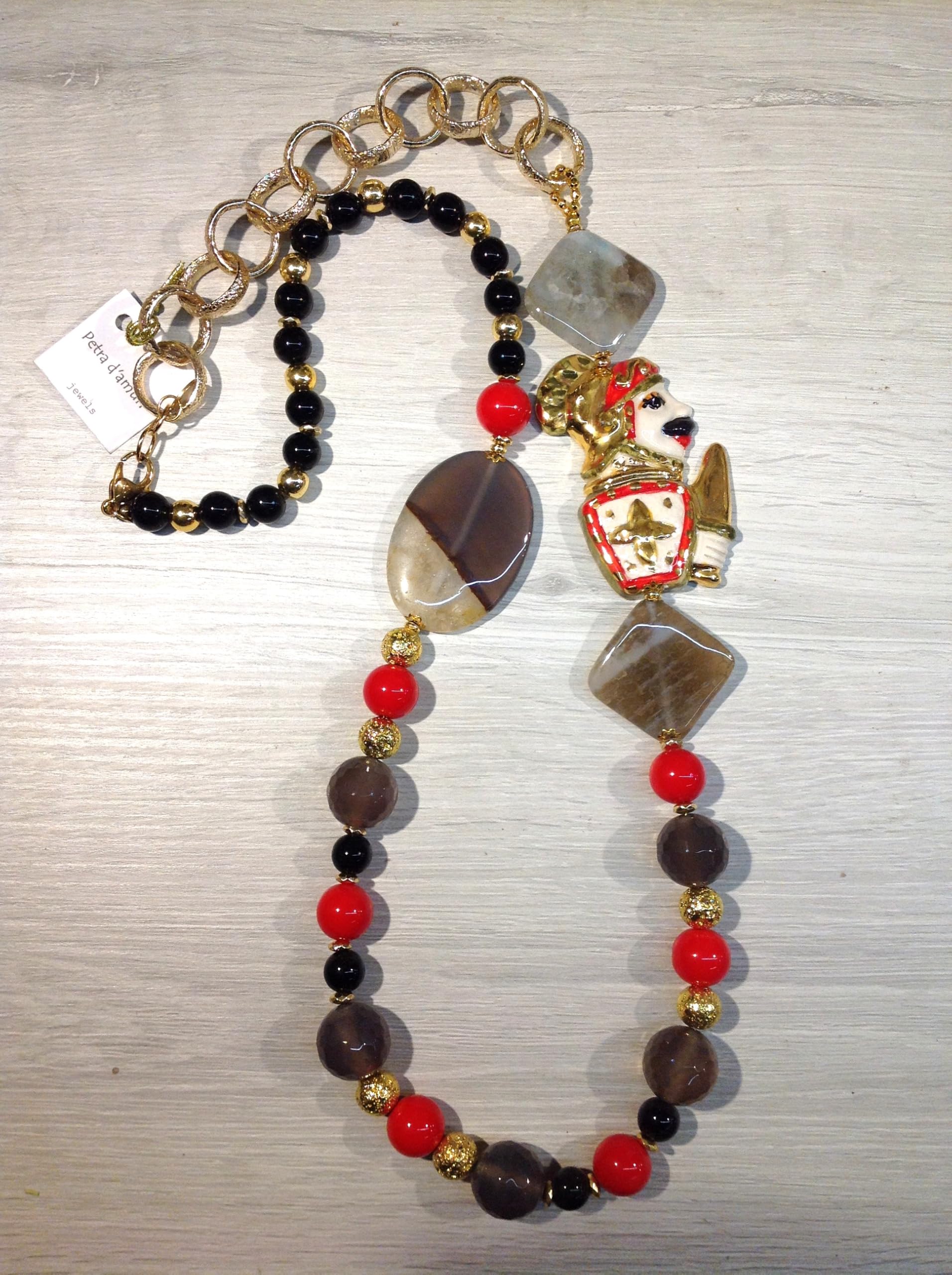 Petra d'amuri Collana Siciliana da donna con Paladino in Ceramica di Caltagirone, Agata naturale, Quarzo Fumé, Hand Made in Sicily