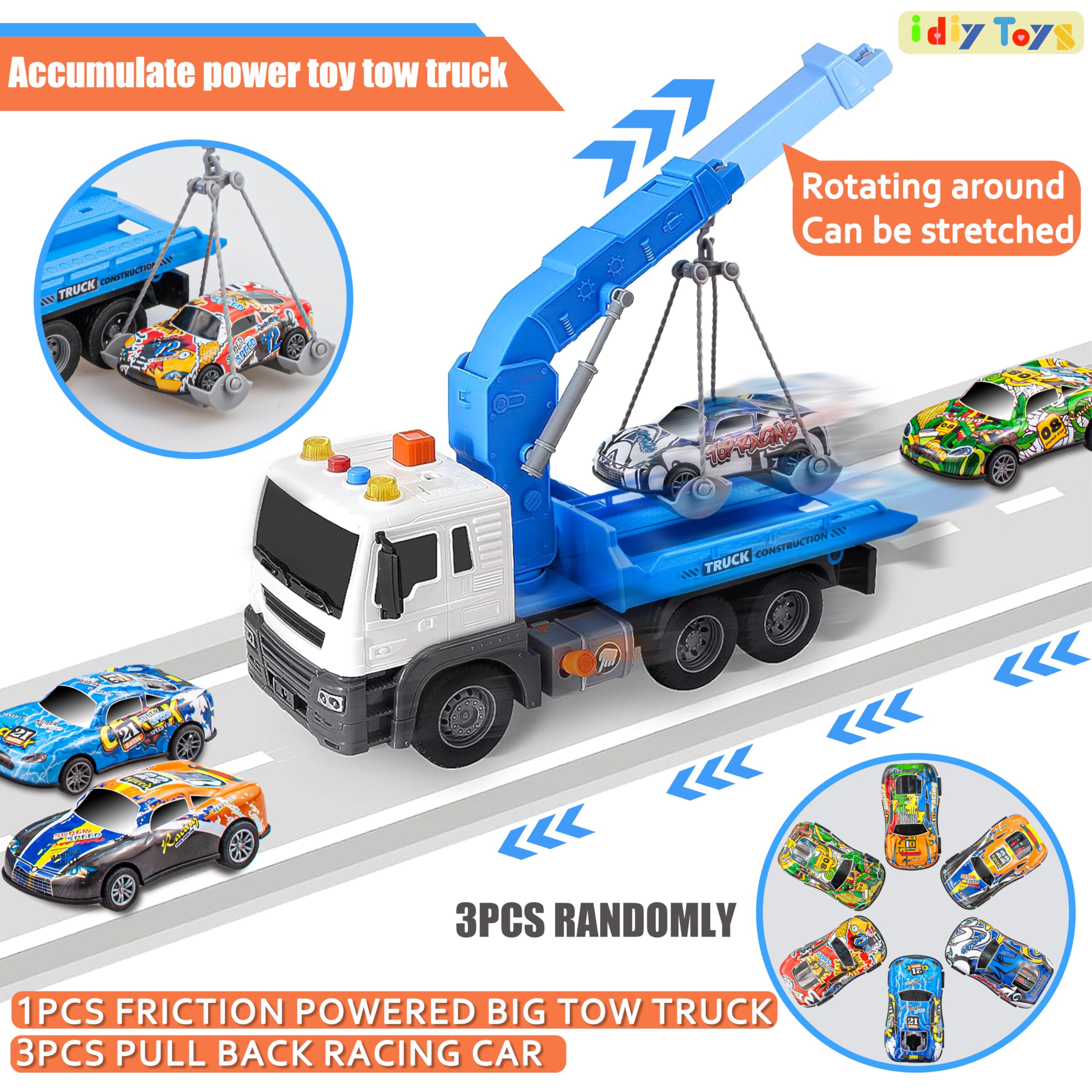 I DIY Tow Truck Toy With Hook and Pull-Back Race Cars, Friction Powered  With Light Sounds for Boys Age 4-7, Construction Toy