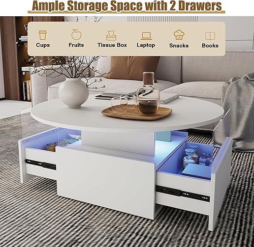 Miniatura 4 de Mesa de café redonda de 31.5" para sala de estar, mesa moderna de sala de estar con LED y almacenamiento, mesas de café cuadradas de acrílico con 2