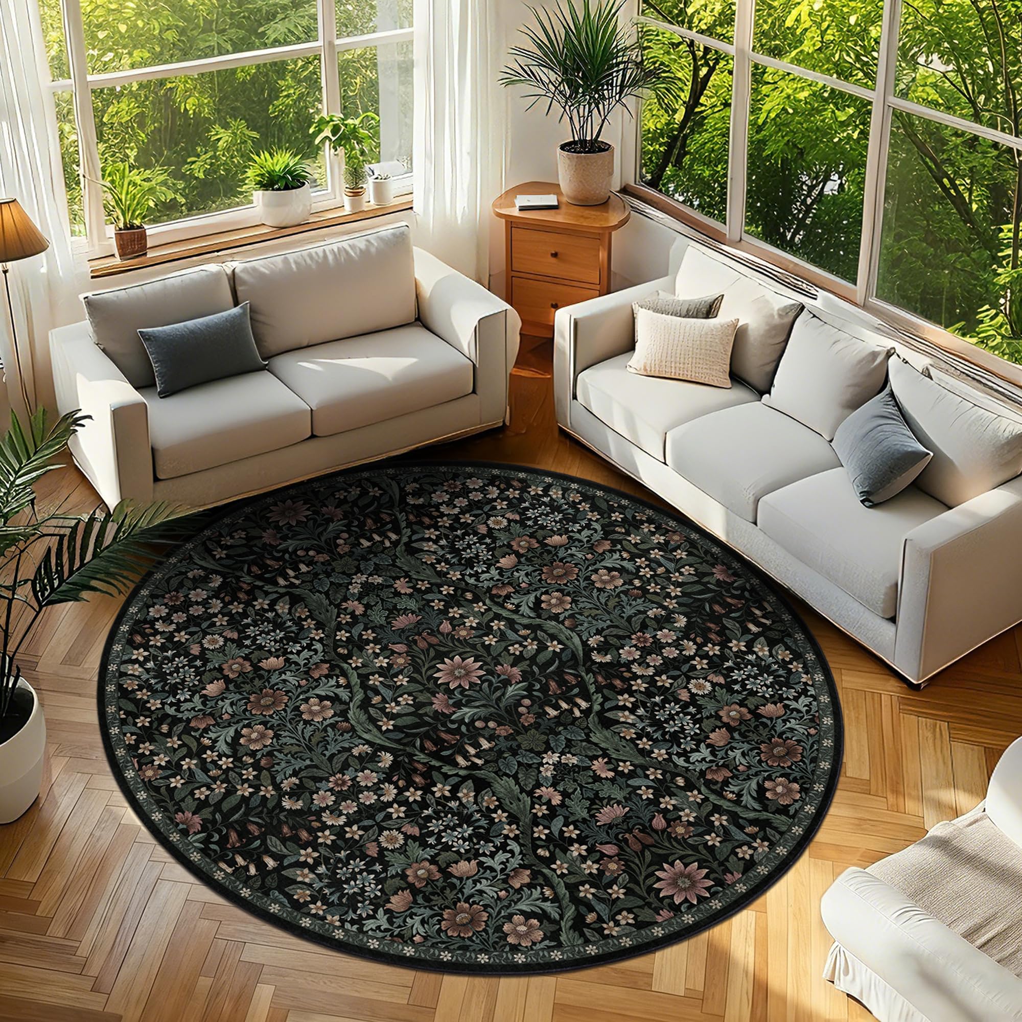 Round Rug 7ft Floral Circle Rug Black Botanical Indoor Area Rugs