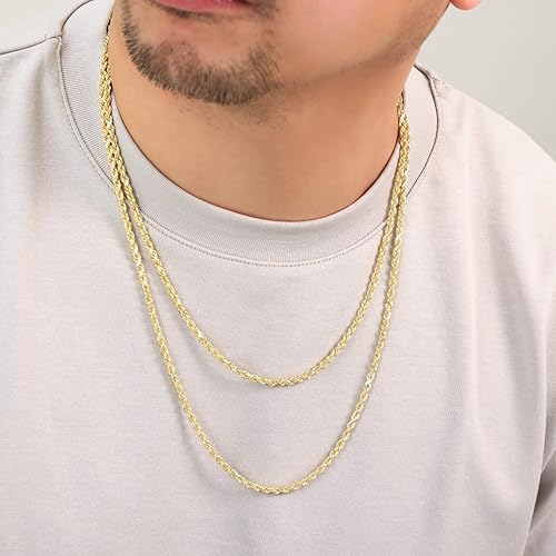Miniatura 6 de Nuragold 14k Real Yellow Gold 3mm Solid Rope Chain Diamond Cut Necklace (16"-30") Italian Jewelry for Men & Women