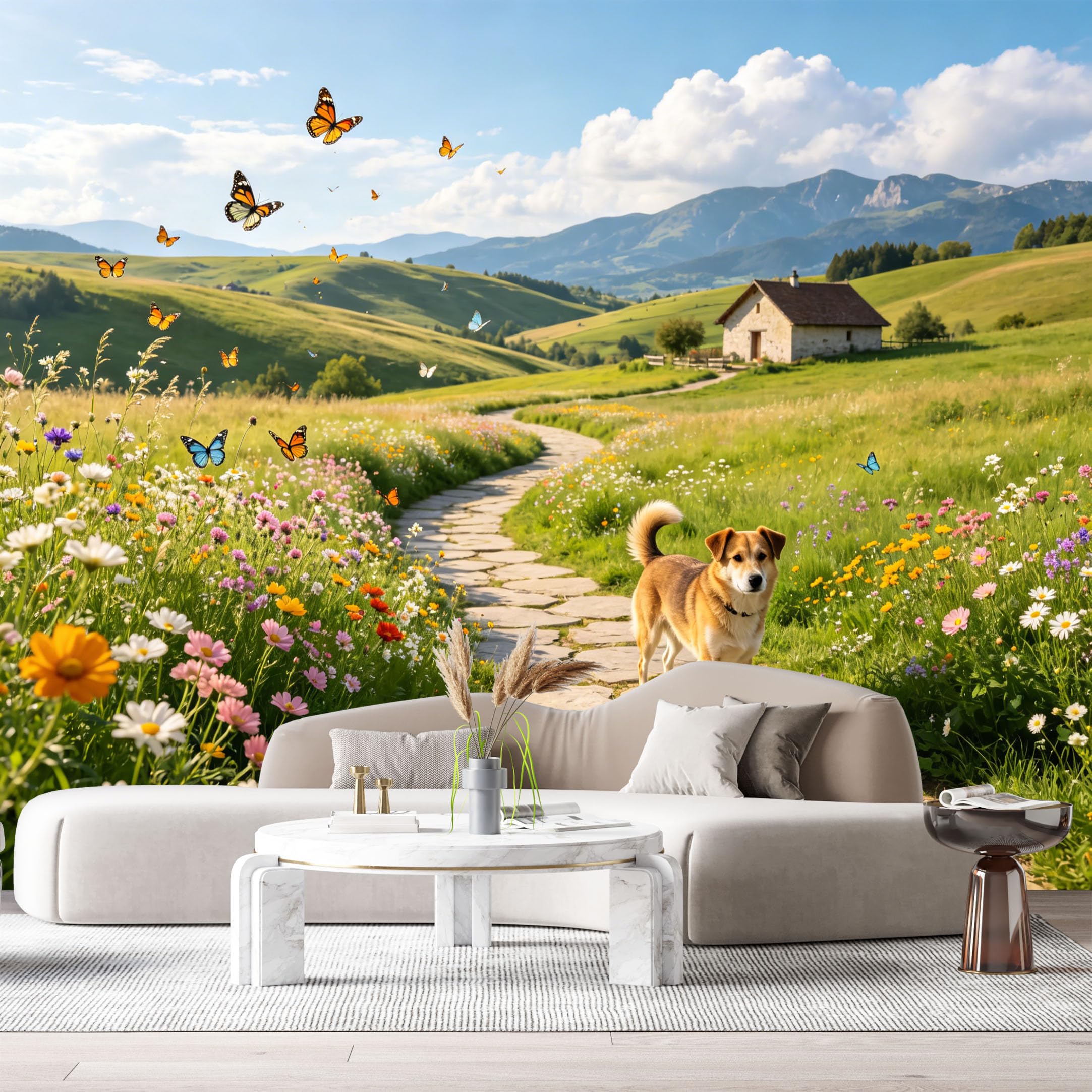 Custom Size Wall Murals Mountain Landscape Botanical Wildflowers Butterfly Farmhouse Style SelfAdhesive Wall Fabric Removable Large Wallpaper Photo for Living Room