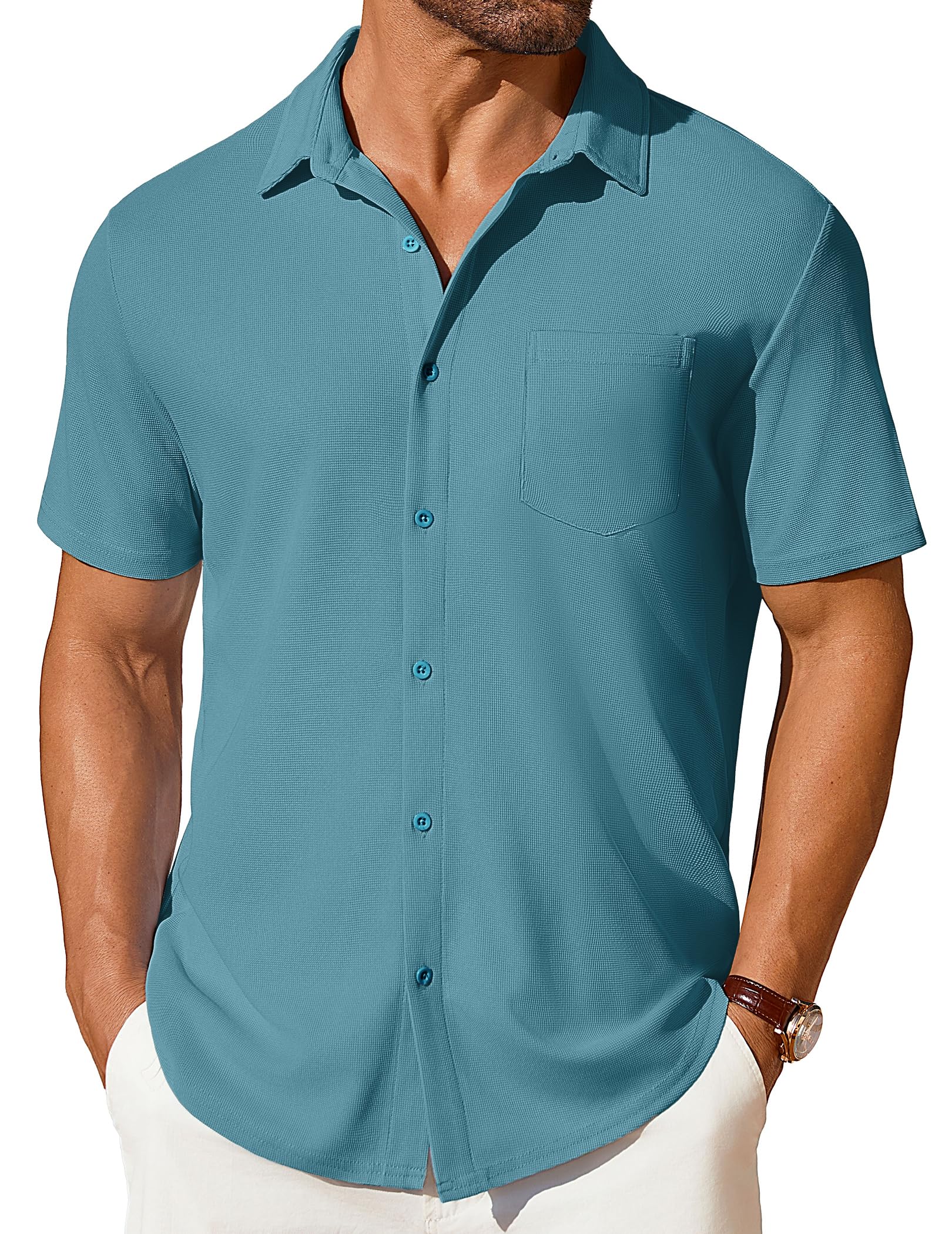 COOFANDY Men's Short Sleeve Button Down Shirt Casual Summer Beach Shirts Waffle Knit Shirt Wrinkle Free Untucked Shirt