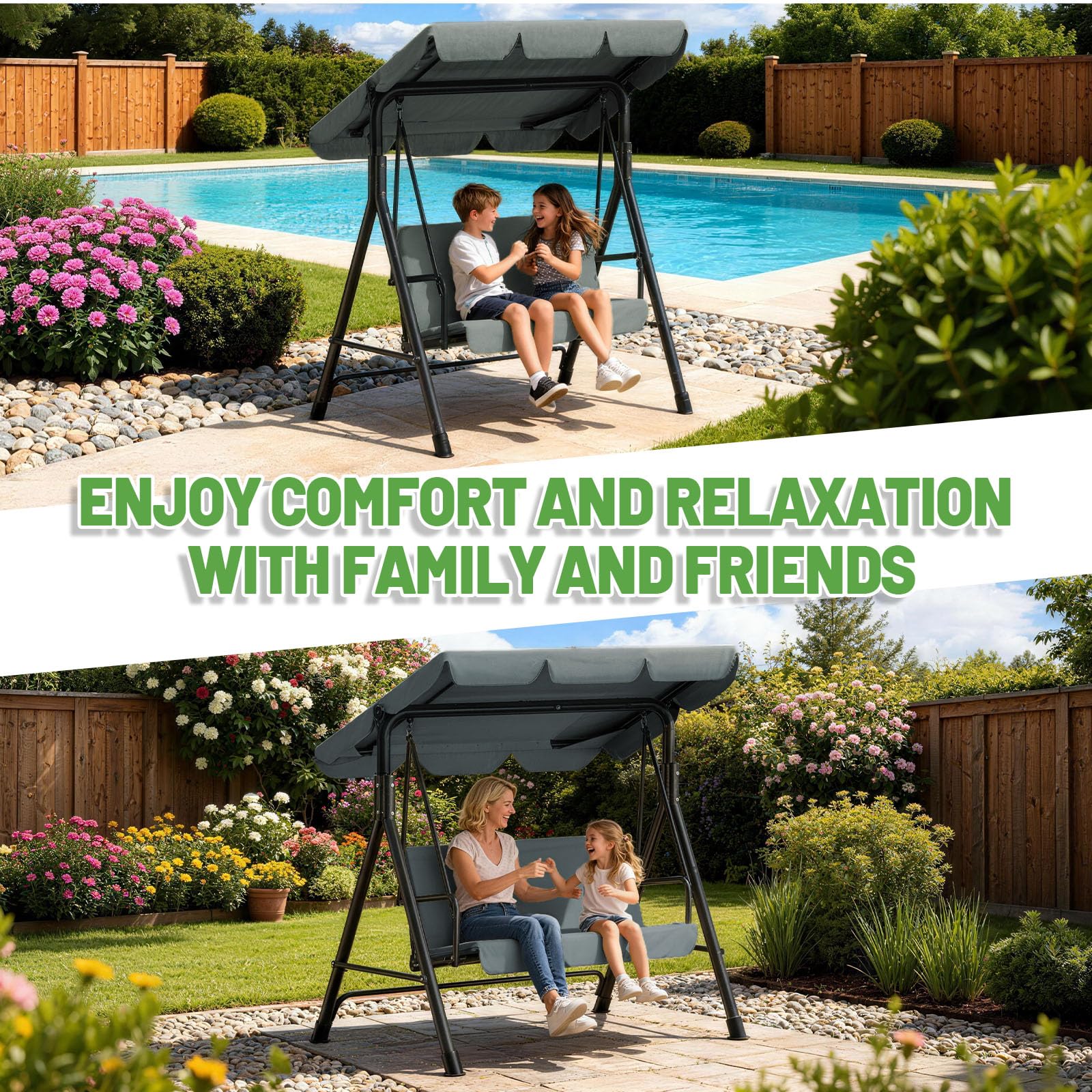 Balancelle de Jardin 3 Places avec Toit Réglable – Balançoire Extérieure avec Coussin Confortable, Capacité 200kg – Dimensions 193x110x152cm (Anthracite)