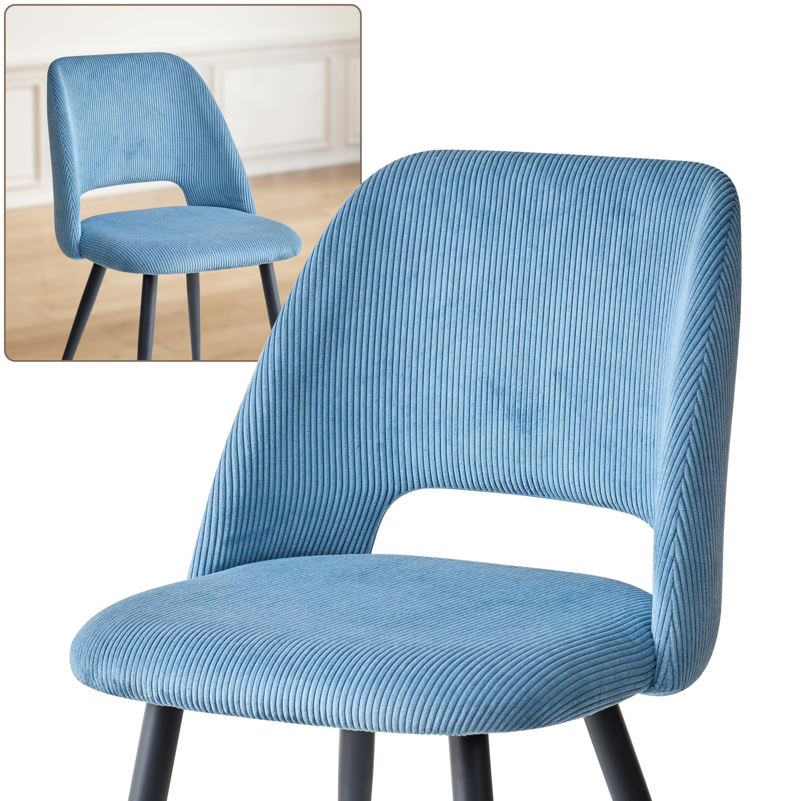 Set Tavolo da Pranzo e Sedie, Tavolo da Pranzo Rotondo in MDF da 100 CM, 4 Sedie da Cucina in Velluto a Coste con Schienale Cavo, per Soggiorno, Cucina (Motivo Marmoreo-GD + Blu)