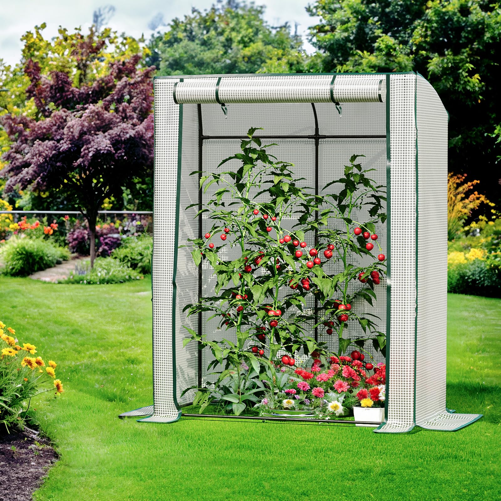 LARMNEE Tomatengewächshaus, Gewächshaus klein, Foliengewächshaus, Tomatenhaus Stabil, 128 x 70 x 170 cm, mit PE Gitterfolie und Aufrollbaren Türen, Frühbeet, Gemüse, Garten, Balkon, Weiß EWT71GH02
