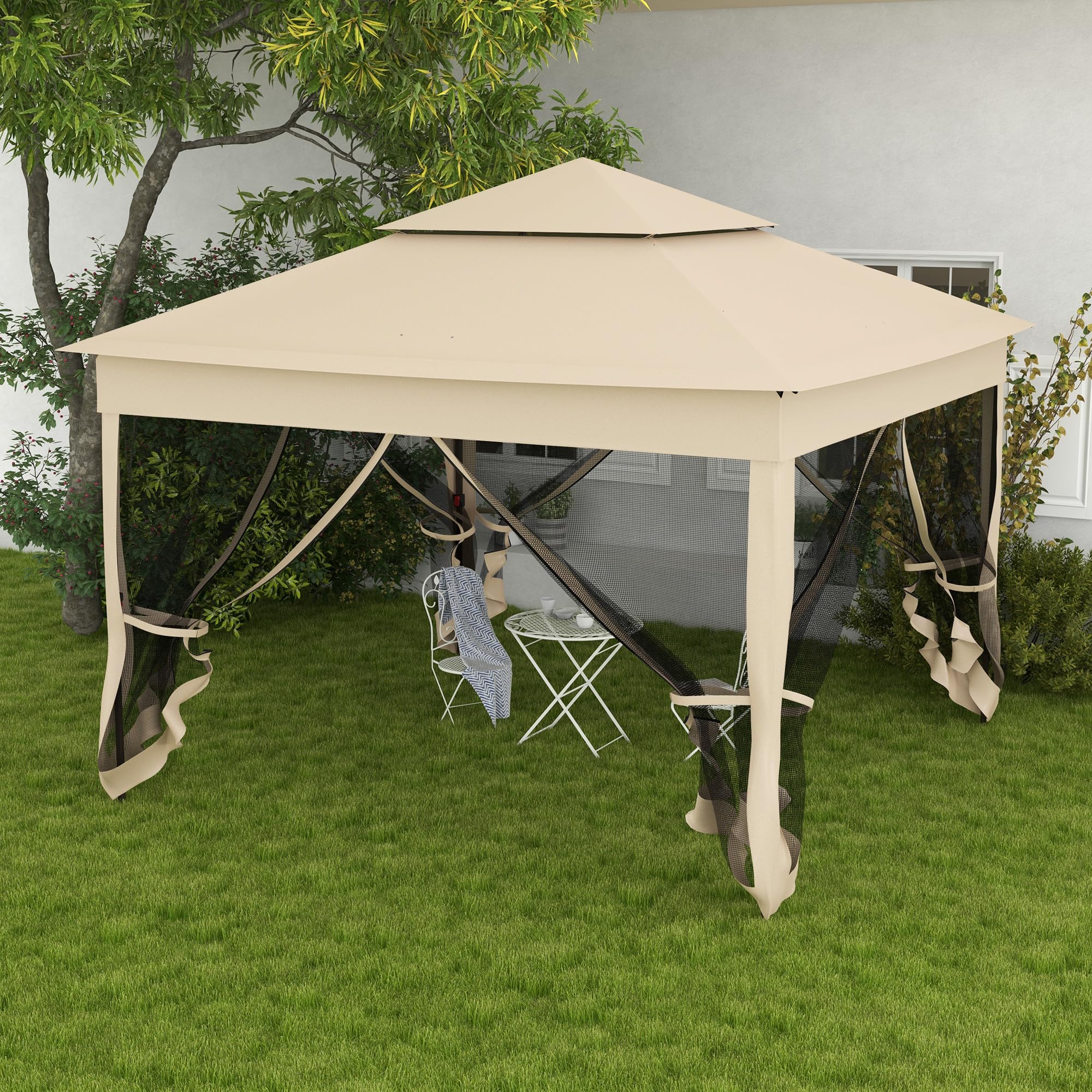 Outsunny Gazebo da giardino pieghevole pop-up Barum, 3 x 3 m, poliestere metallico, protezione UV impermeabile, zanzariera + borsa di trasporto, crema