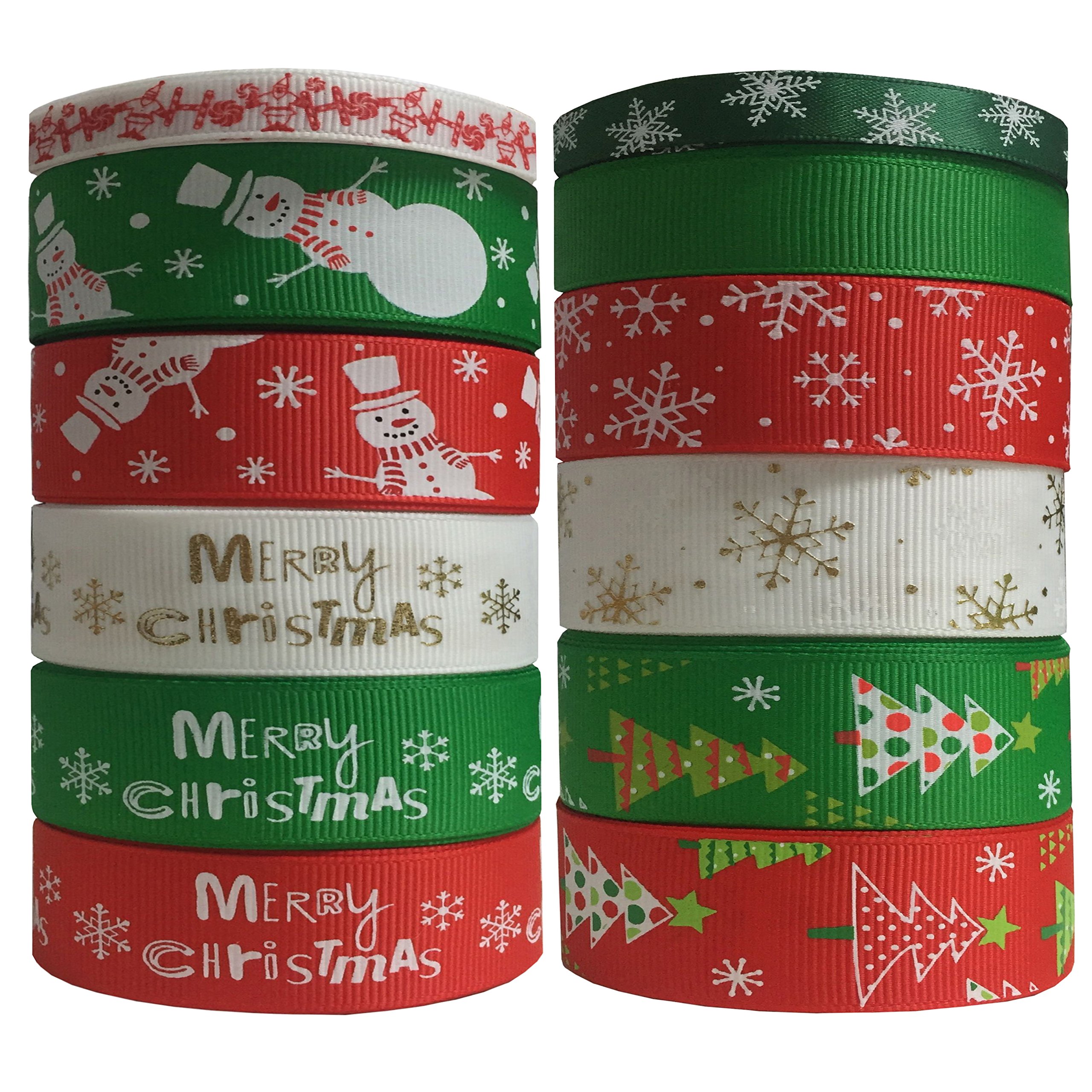 Duoqu Christmas Ribbon 12 Styles 36 Yards Mixed Style/Size (12X3yd, 3/8" 5/8" 1") Solid and Printed Grosgrain Ribbon Satin Ribbon for Holiday Hair Bows Gift Wrapping