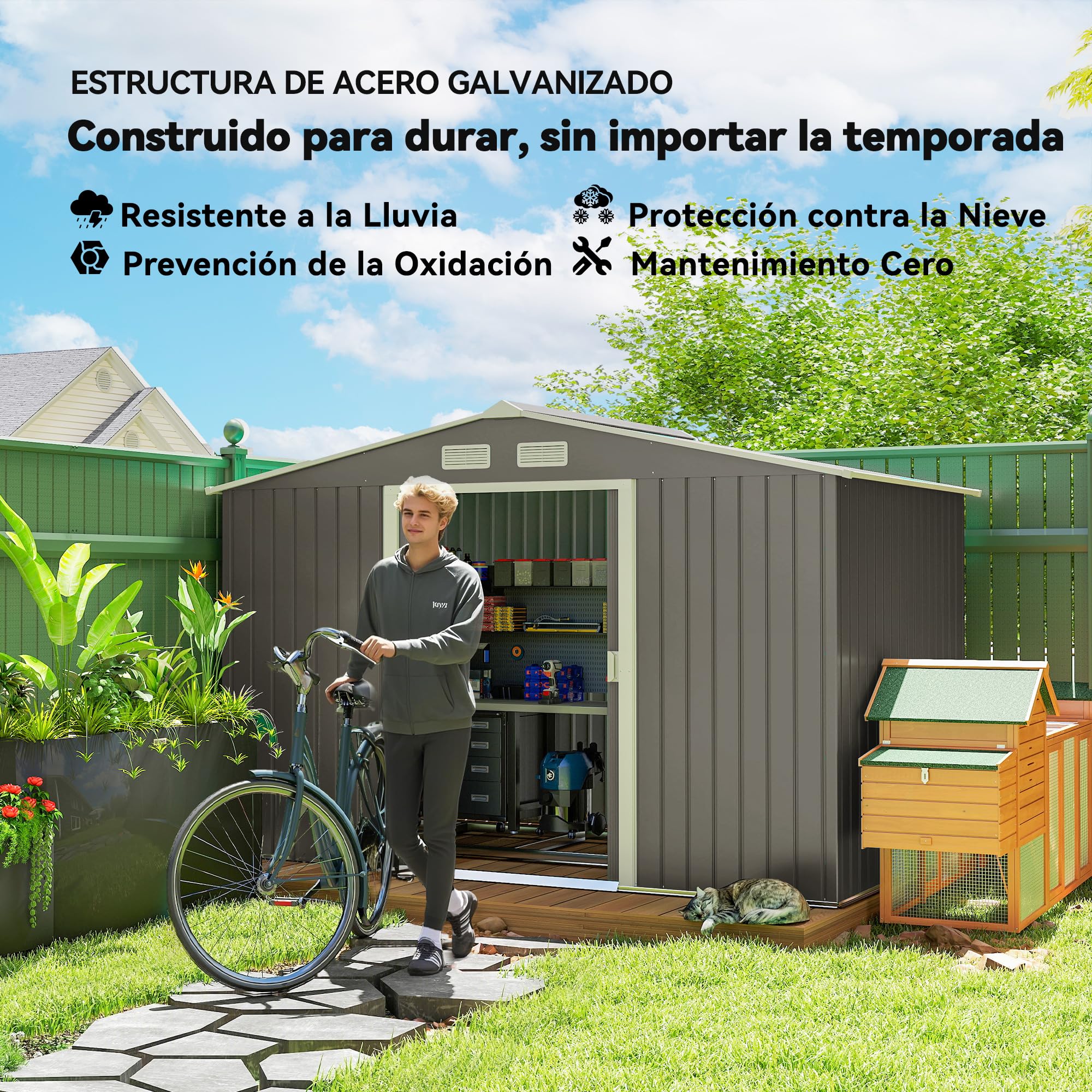 Outsunny Abri de Jardin en Acier galvanisé XXL 5,4 m² avec kit de Fondation 277 x 195 x 192 cm, cabane de Jardin cabanon Rangement Outils avec Portes coulissantes verrouillables et 4 aérations, Gris