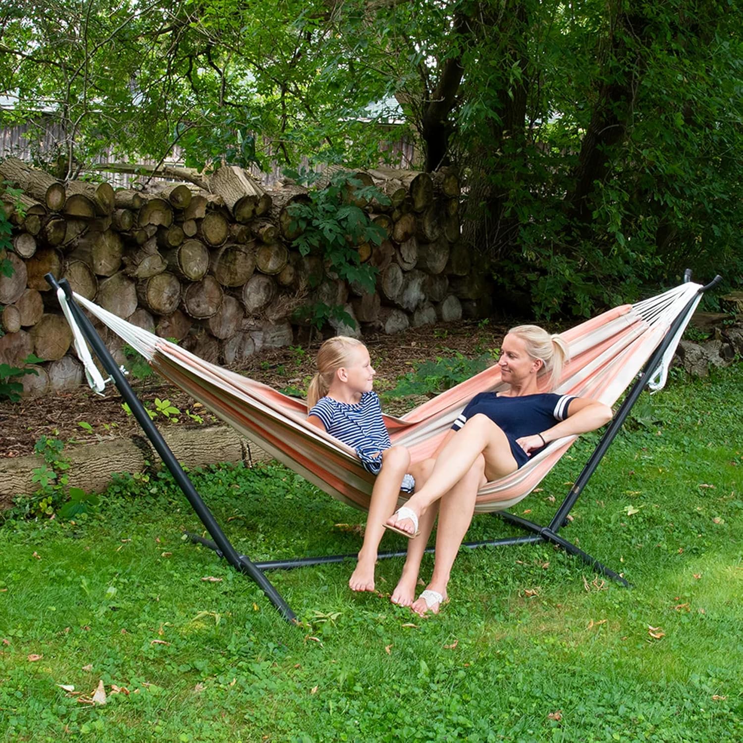 Vivere Double Sunbrella Hammock with Space-Saving Steel Stand, Heavy-Duty Portable Outdoor Hammock Set for Backyard, Patio, or Travel, Cameo
