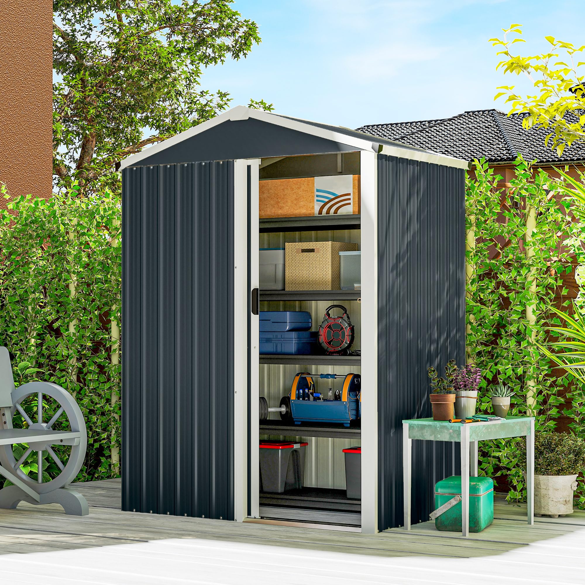 Outsunny 4.5 x 3ft Outdoor Storage Shed, Waterproof Metal Garden Shed with Gloves, Lockable Sliding Door and Pitched Roof for Backyard, Patio, Lawn, Poolside, Dark Grey - 1