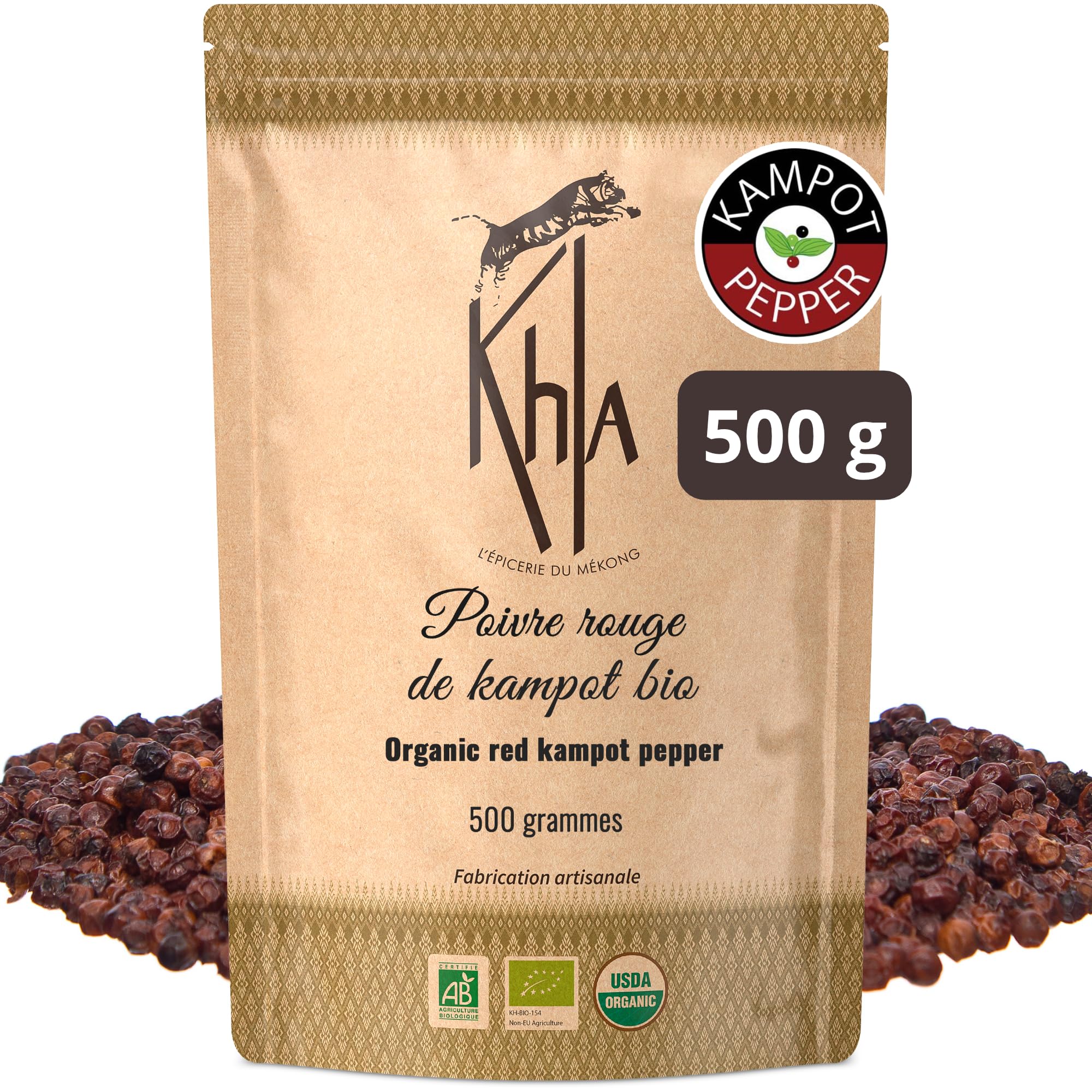 KHLA - Pimienta roja de Kampot Premium IGP - 500g - Pimienta en Grano - Procedente de la Agricultura Ecológica