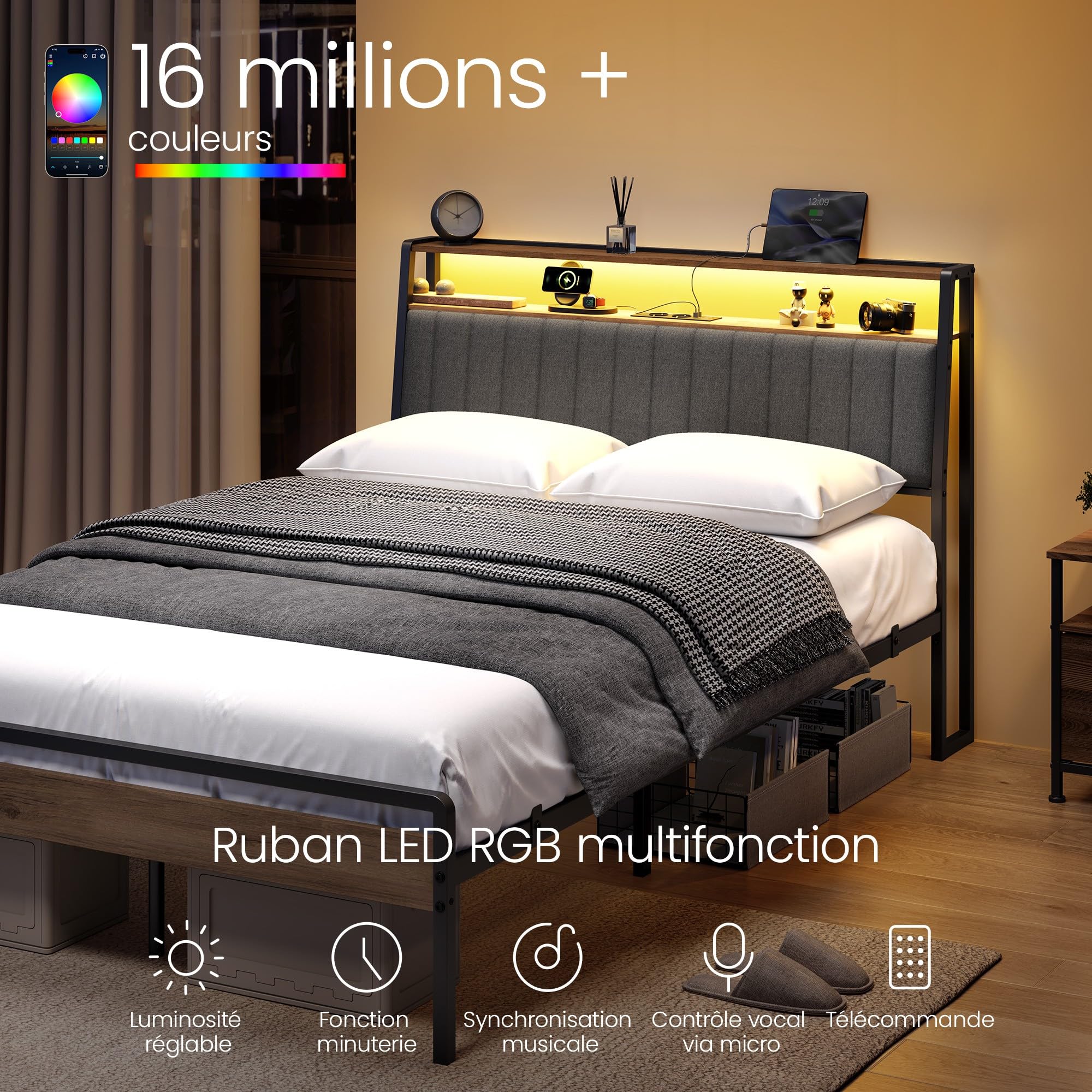 Yaheetech Cadre de Lit 140x200cm avec LED et Station de Charge Marron/Gris