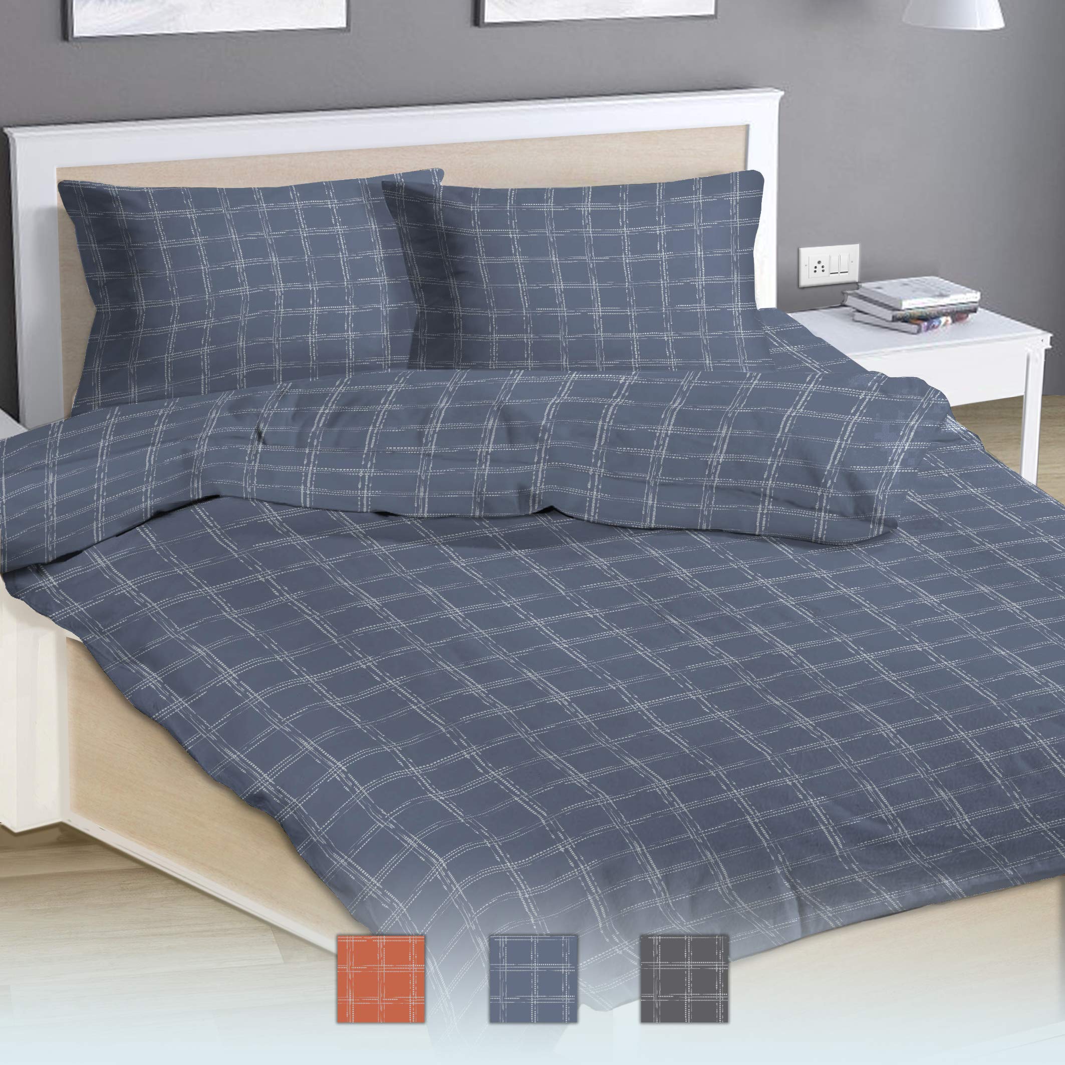 Cotton Single Duvet-Cover-Sets Blue, Nordic Check-Design Bedding-Set with Smart White Zipper Closure, Plain Weave Cotton 140cm x 200cm + 50cm x 70cm (100% Cotton Single Bedding sets)