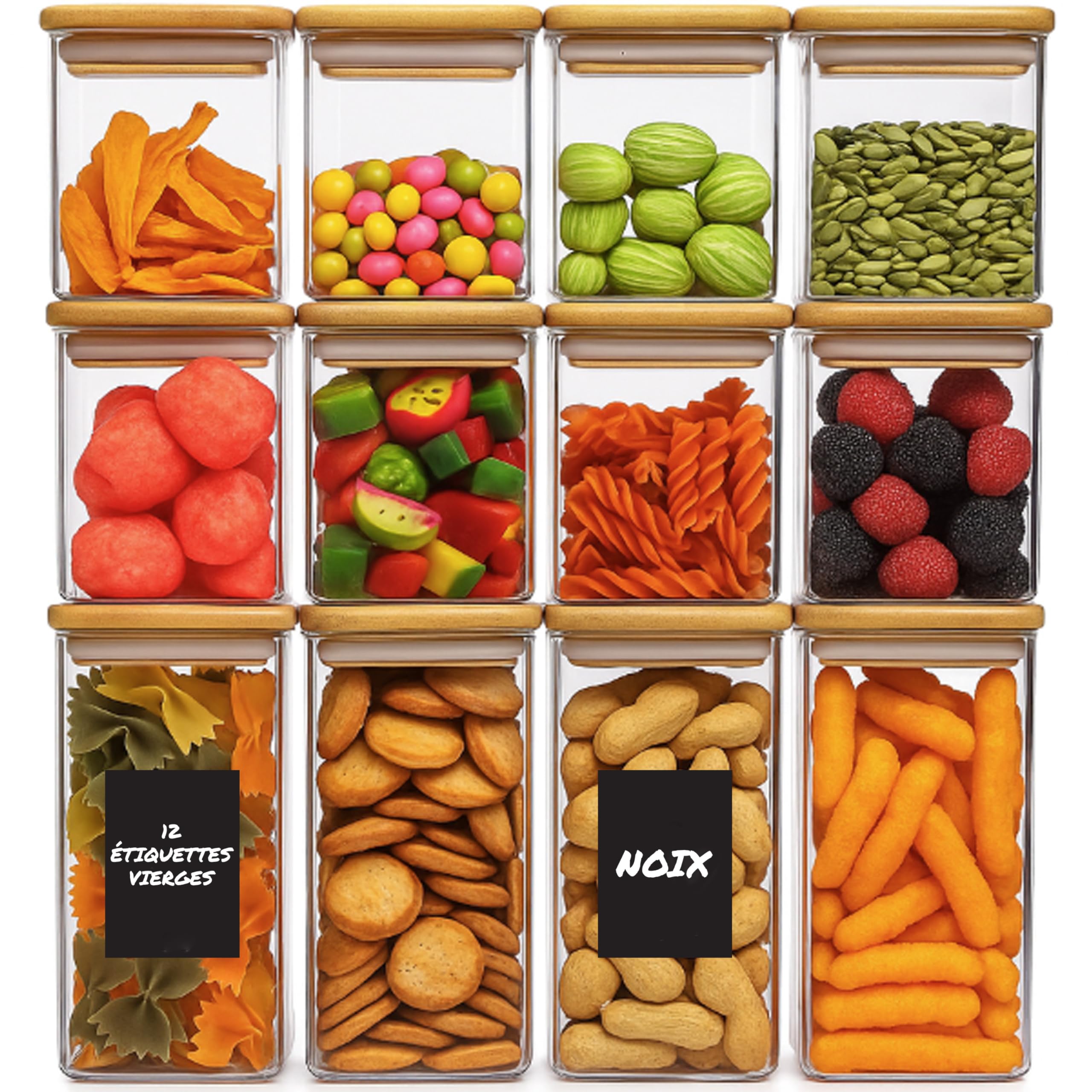 Deco Haus Translucent Deco Haus® Storage Jars With Lids Square Set Of 12 [+ Labels] - Glass Storage Jars With Lid Airtight - Storage Jar With Wooden Lid - Storage Jars - Glass Container Storage Container