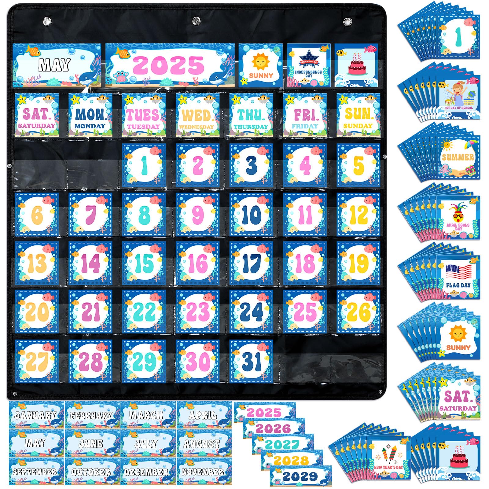 AmazingSpark Calendario de aula con calendario de bolsillo, calendario oceánico, tablón de anuncios con bolsillo, tabla meteorológica para decoración de aula, suministros de regreso a la escuela