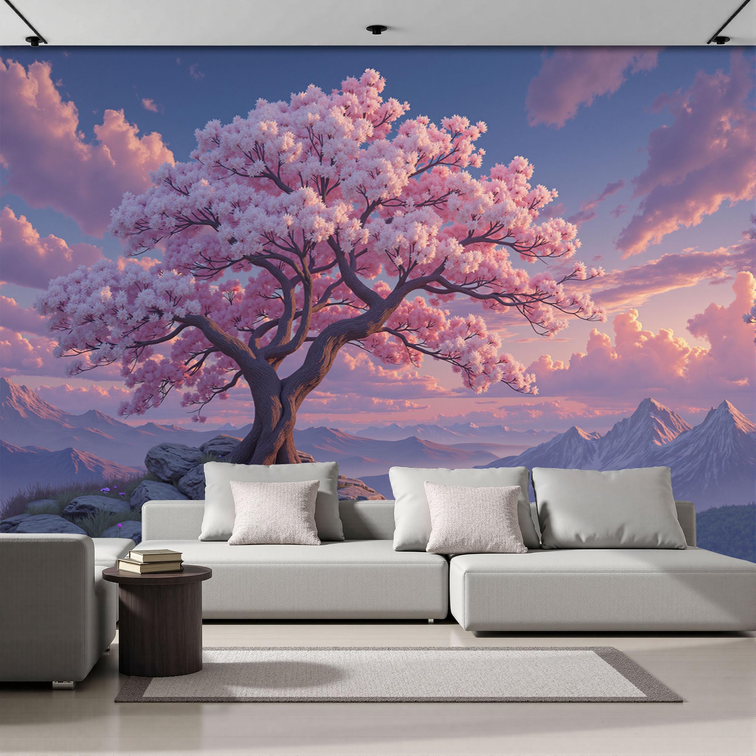 Fresque pour salon en soie illustrant les sommets montagneux et cerisiers