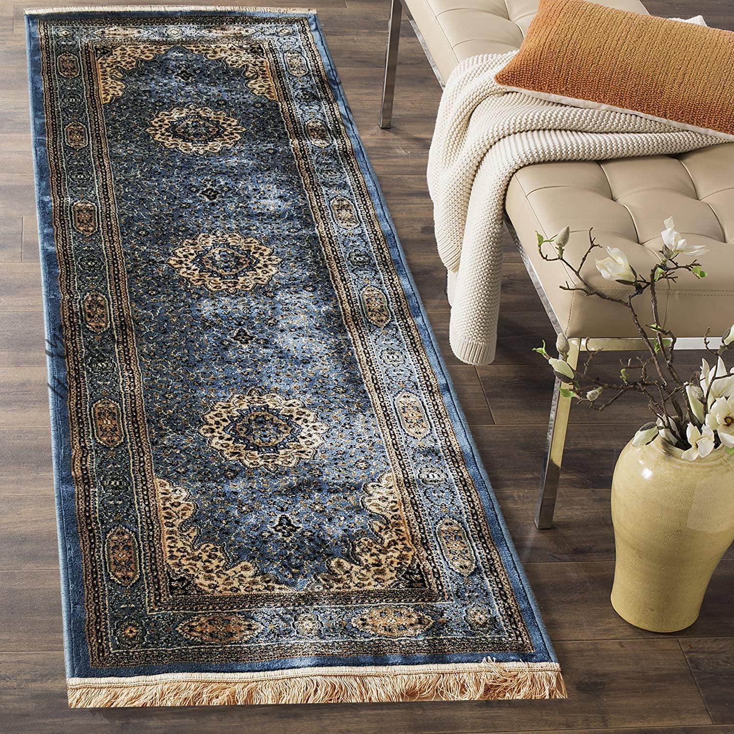 Kashmiri Persian Design Silk Carpet 2 X 6 Feet Runner with Anti Slip Backing for Floor Carpets for Living Room, Hall, Office, Kids Room Bedside Runner Carpet Area Rug (Color Grey 2 X 6 Feet Runner)