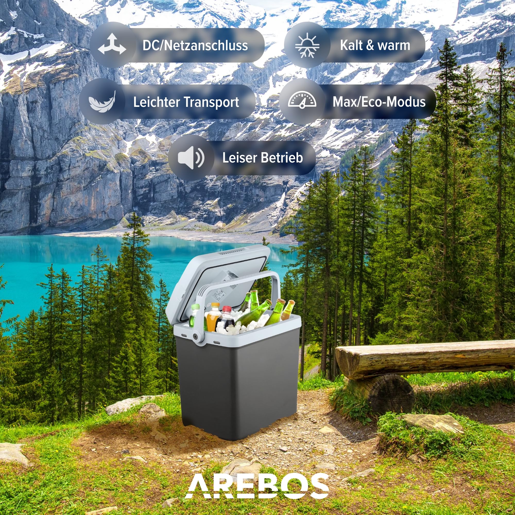 Arebos 25 Liter Kühlbox | zum Kühlen und Warmhalten | Mini Kühlschrank | Thermoelektrische Kühlbox | mit ECO Modus | 12/230 V für Auto und Steckdose | elektrische Kühlbox