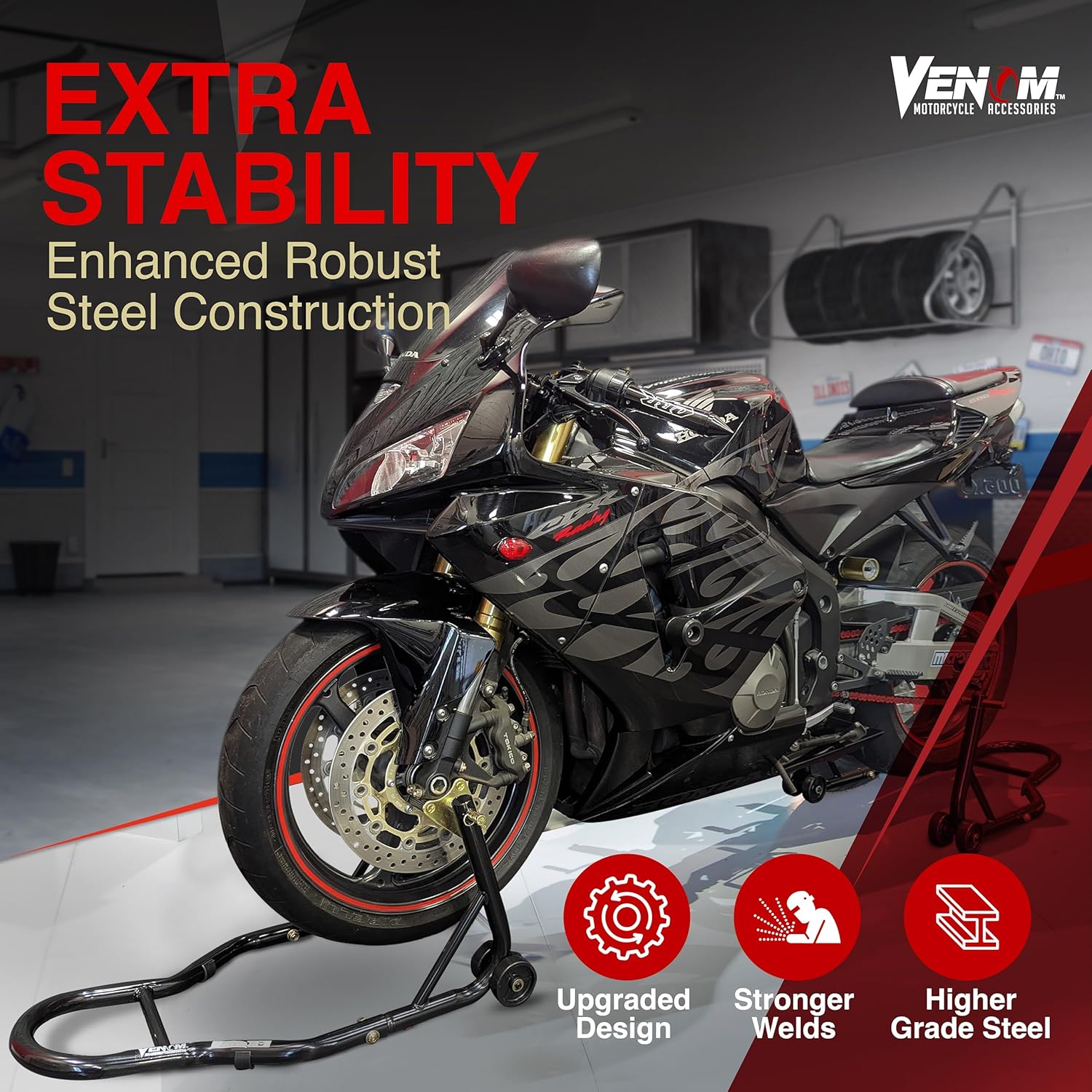 Venom Motorcycle Stand Lift, Front & Rear Combo, Universal Paddock Lift Stand, Front Wheel Fork Stand Rear Wheel Swingarm Spool Stand, Compatible With Most Yamaha Honda Kawasaki Suzuki BMW Motorcycles