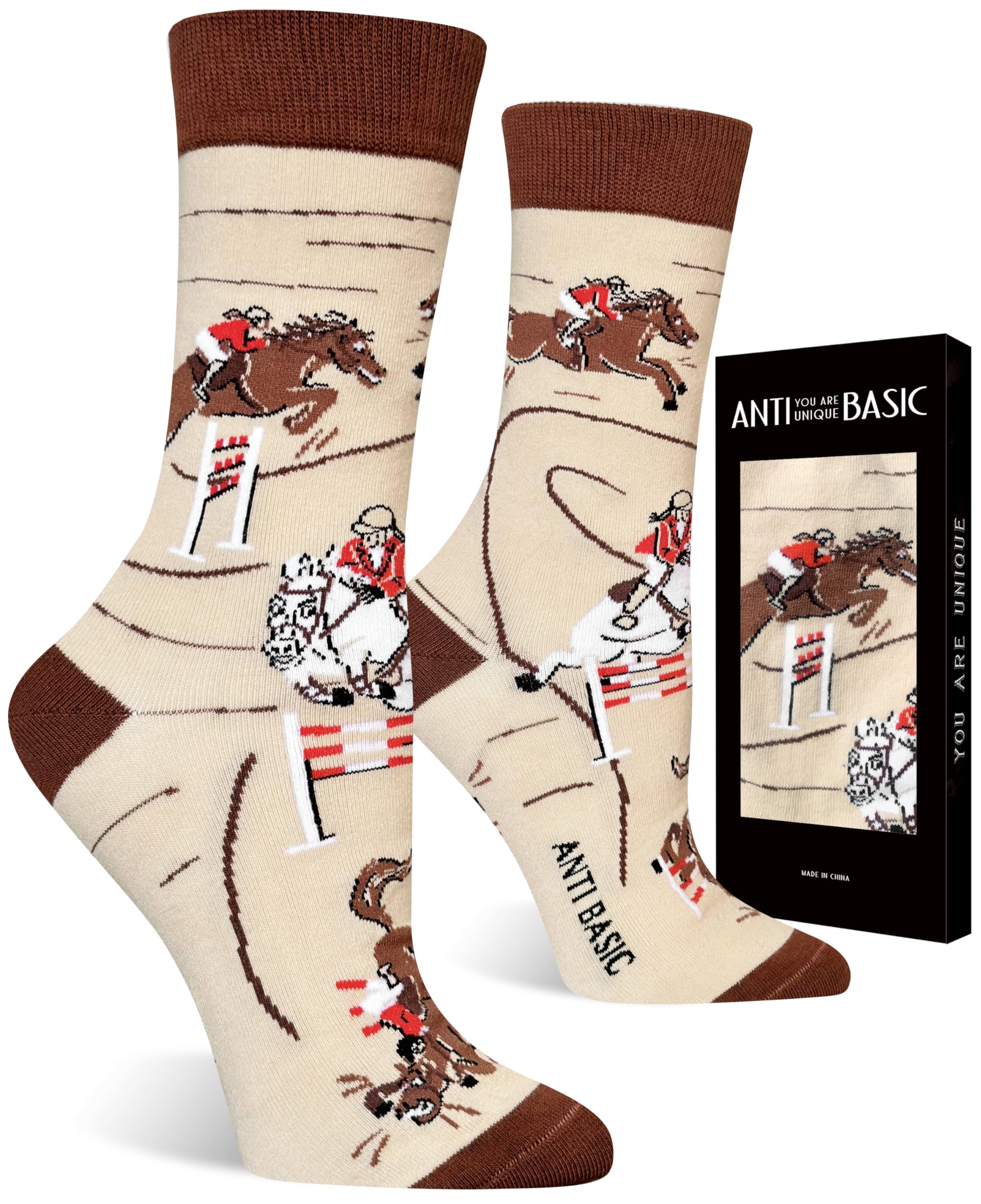 ANTI BASIC Novelty Horse Socks Gift for Girls - Equestrian Riding Crew Socks with Horse Print (Fits US 6-12)(riding)