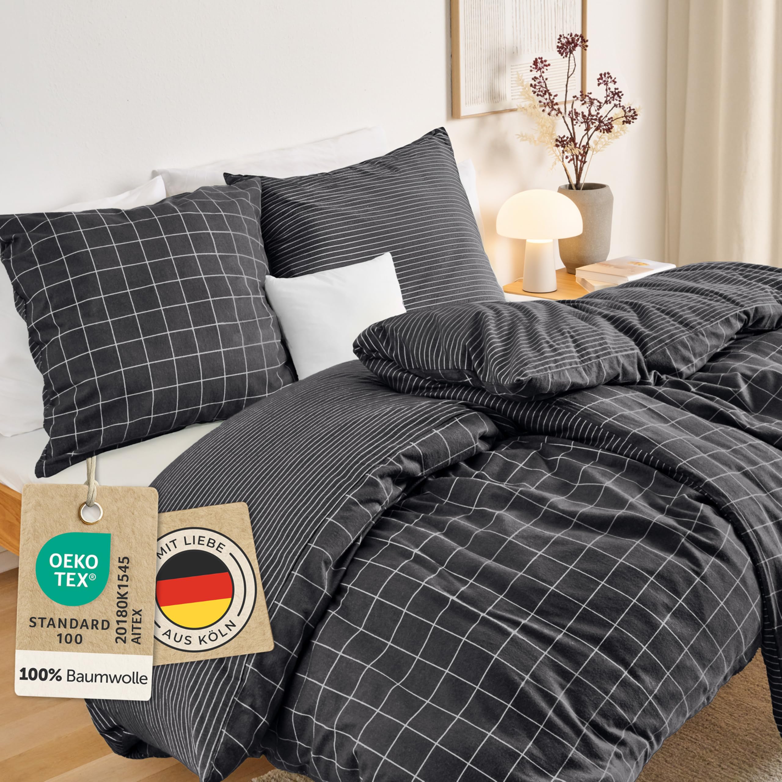 Blumtal Biber Bettwäsche 135x200 + 80x80 cm Baumwolle 2teilig - Flanell Bettwäsche 135 x 200 Oeko-TEX zert. & ultraweich - 60 °C waschbare Flanell Winterbettwäsche mit edlem Wendedesign