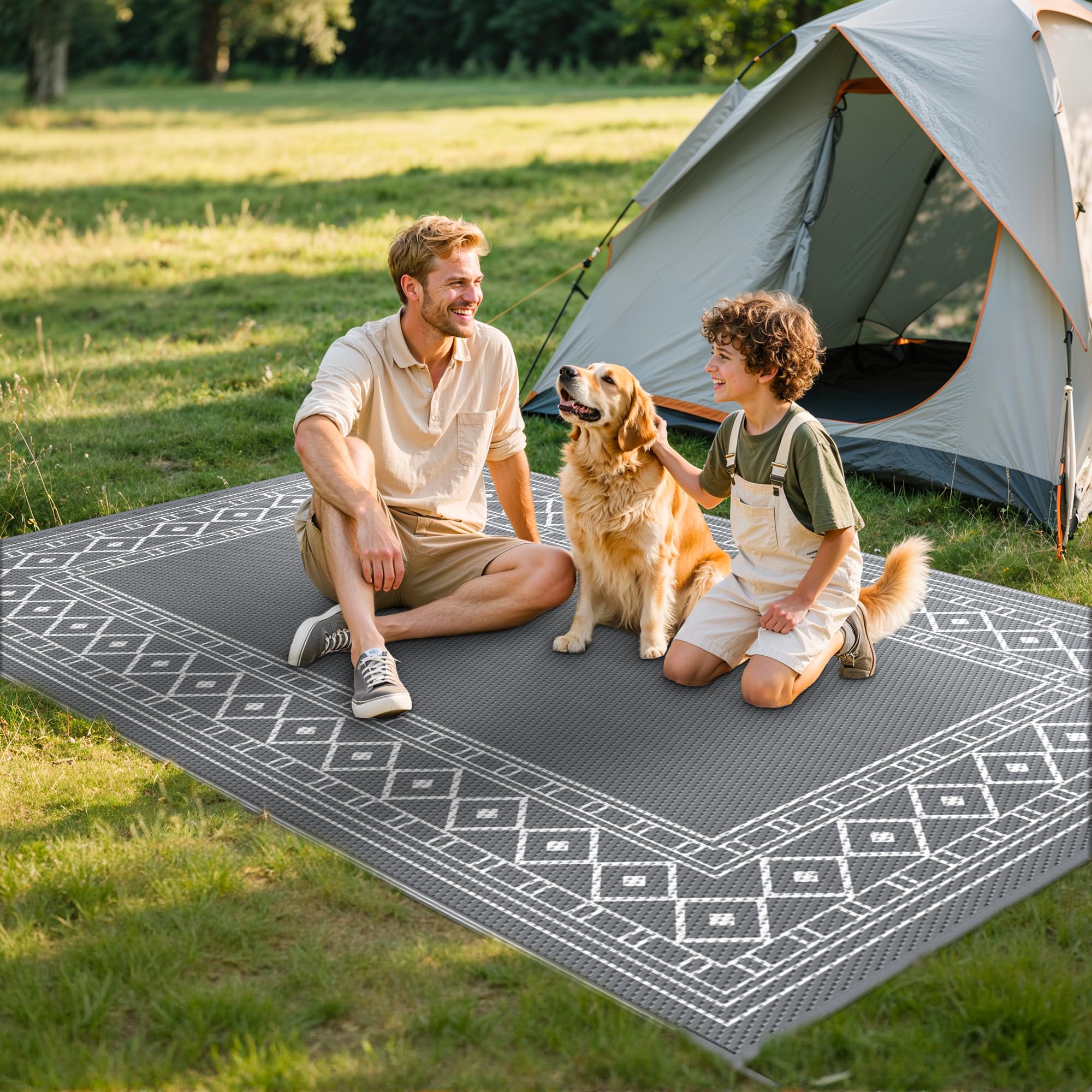 GENIMO Tappeto da Esterno 150x240 cm in Plastica Impermeabile Lavabile Reversibile, Vintage Grigio/Bianco per Terrazza Giardino Camper Picnic Balcone