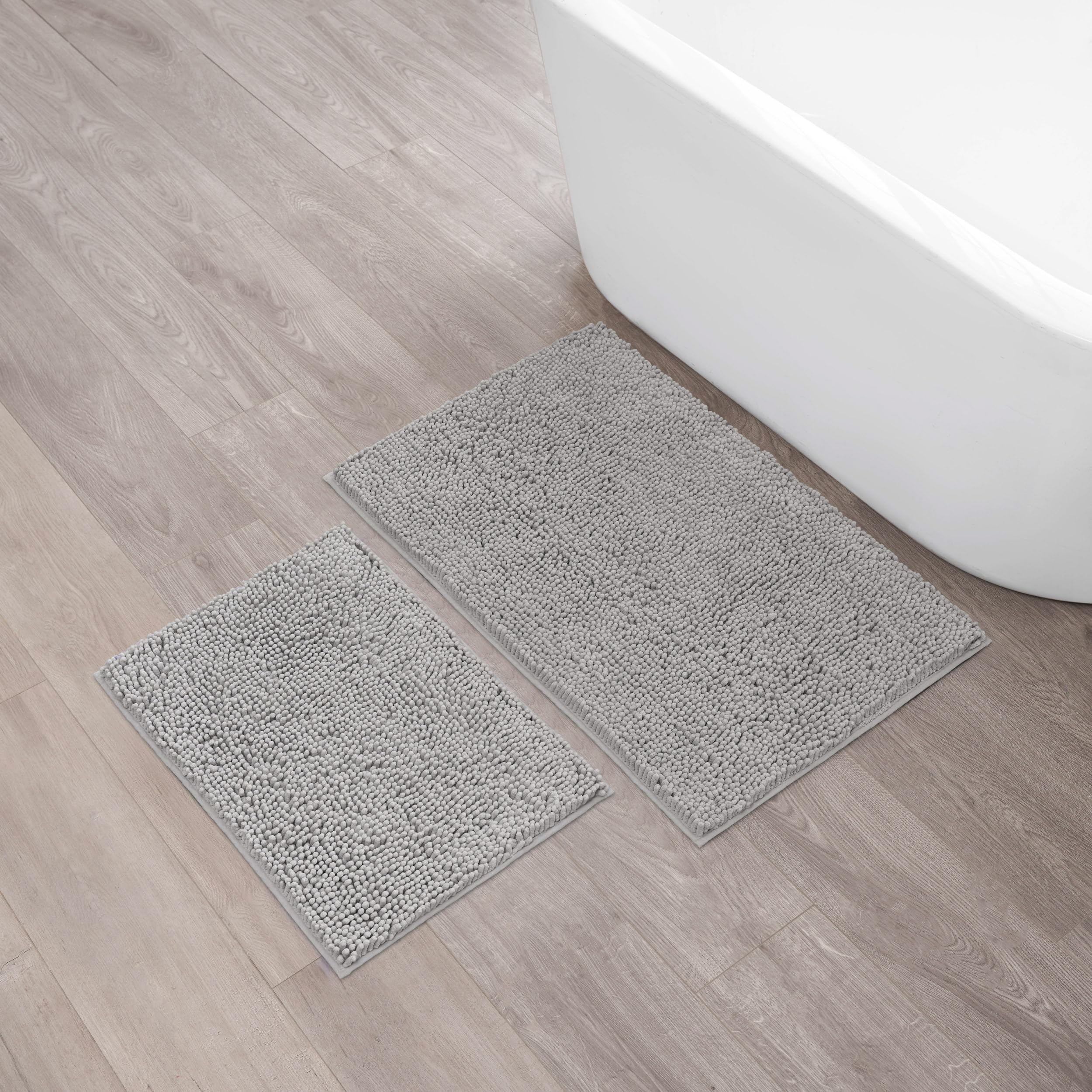 Creative Home Ideas Resort Collection Plush Chenille Bathroom Rugs 2 Piece Set – Non-Slip Backing and Machine Washable, Light Grey - 17 x 24 Inches and 21 x 34 Inches Bath Mats