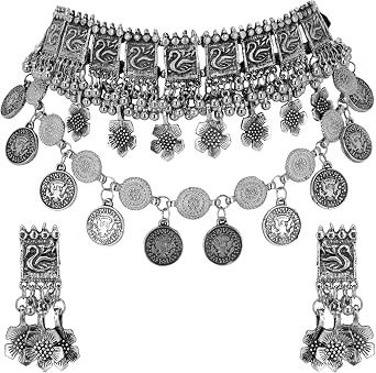 Jwellmart Vintage Bohemein Oxidized Silver Peacock Flower Designed Indian Necklace Earrings for Women Traditional Jewelry Set