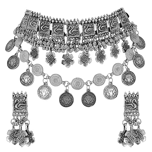 Shreyadzines Exclusive German Silver Oxidized Traditional Latest Fashion Peacock Choker Necklace with Earrings Jewellery Set for Women and Girls