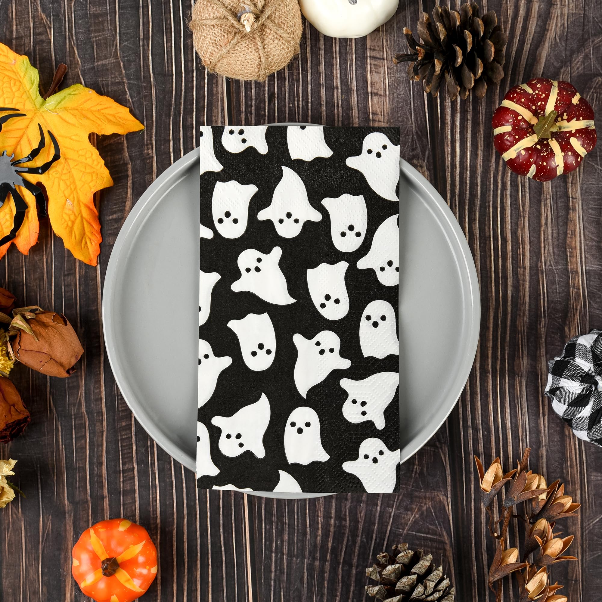 FYSUIMU 50 Halloween Servietten – Geister & Karo-Muster Doppelseitig, 33×33 Cm, Einweg-Papierservietten Für Partys