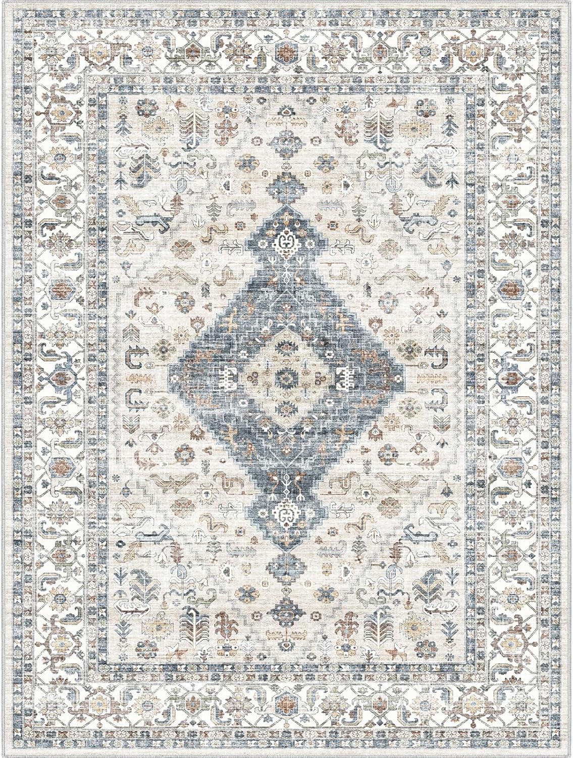Area Rug 9x12, Washable Vintage Rug Traditional Mat, Distressed Indoor Foldable Thin Retro Accent Rug, Non Slip Carpet Living Room Dining Room Office (Beige Cream Grey, 9x12)