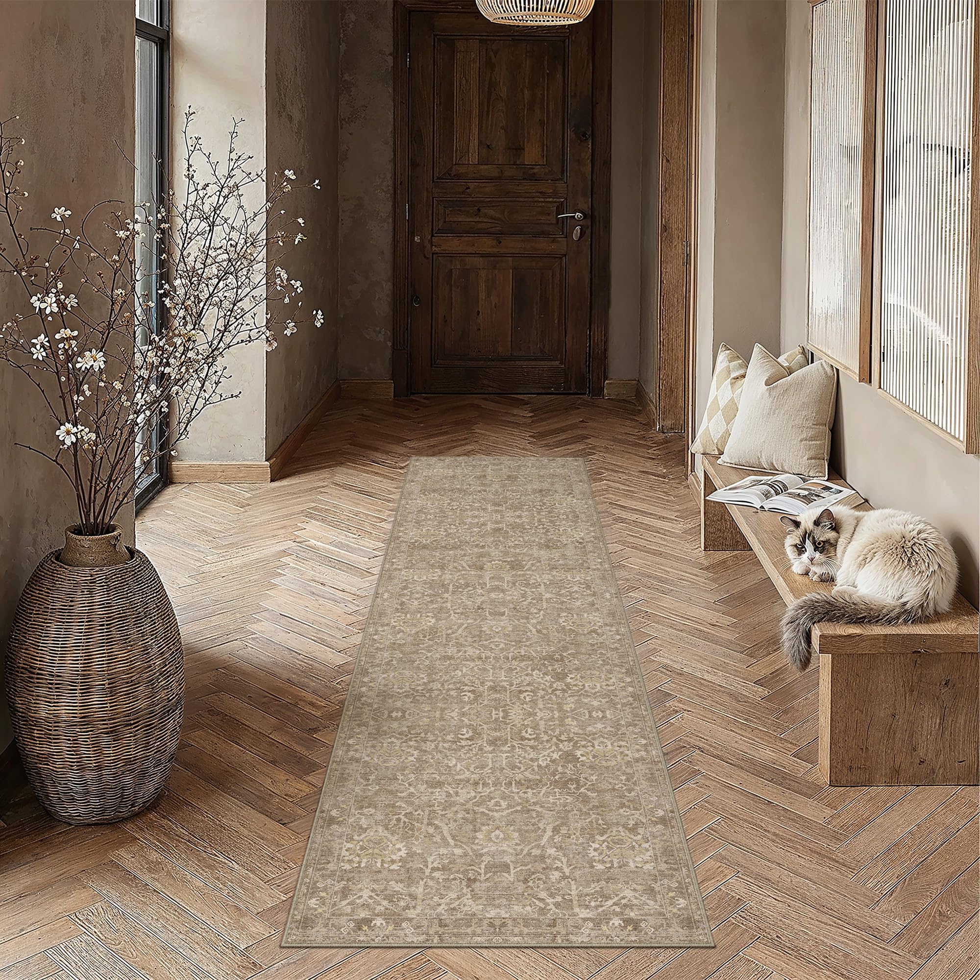 HUGEAR 2x8 Runner Rug Hallway Light Brown Machine Washable Vintage Floral Low Pile Carpet Vacuumable Distressed Long Throw Rug Bedroom Office Bathroom Kitchen Laundry Non Slip Soft Lightweight