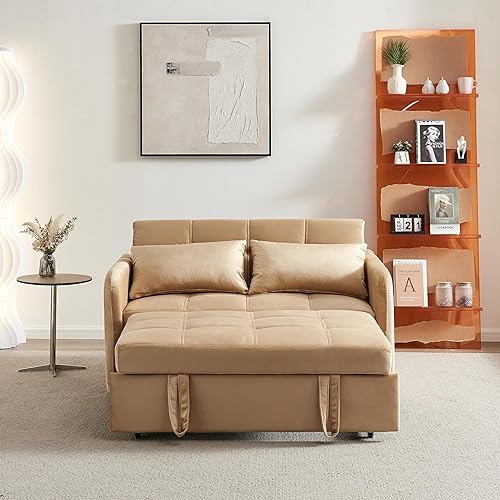Miniatura 9 de Quarte Sofá cama extraíble de 55.5 pulgadas, moderno sofá biplaza de terciopelo con 2 almohadas lumbares, bolsillos y USB para sala de estar pequeña