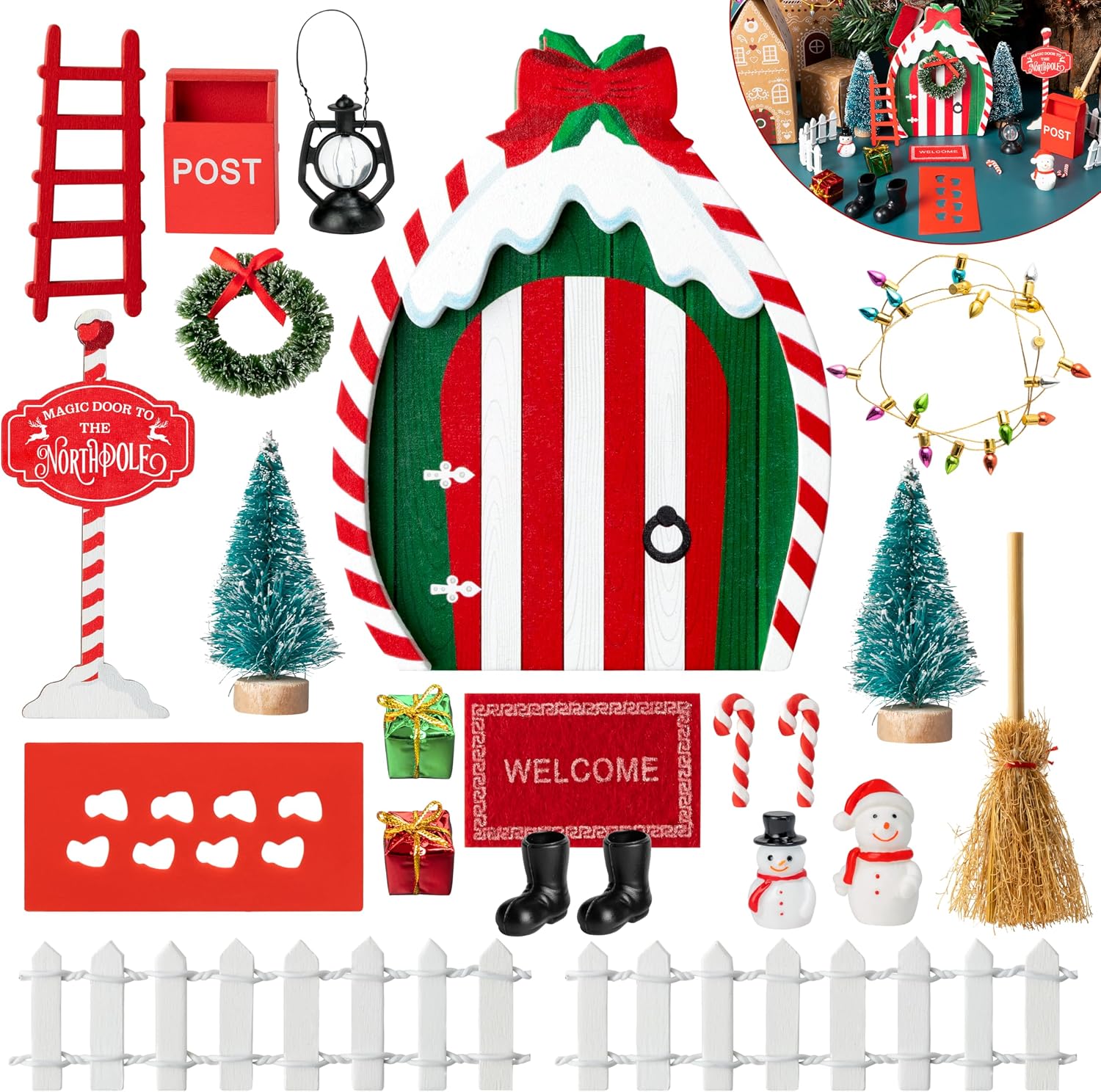 Haooryx Christmas Magic Wooden Miniature Fairy Doors Accessories - 22Pcs Christmas Elf Magic Door for Wall Fairies Magical Door Decoration Christmas Party Outdoor Xmas Decor (Red & White Border)