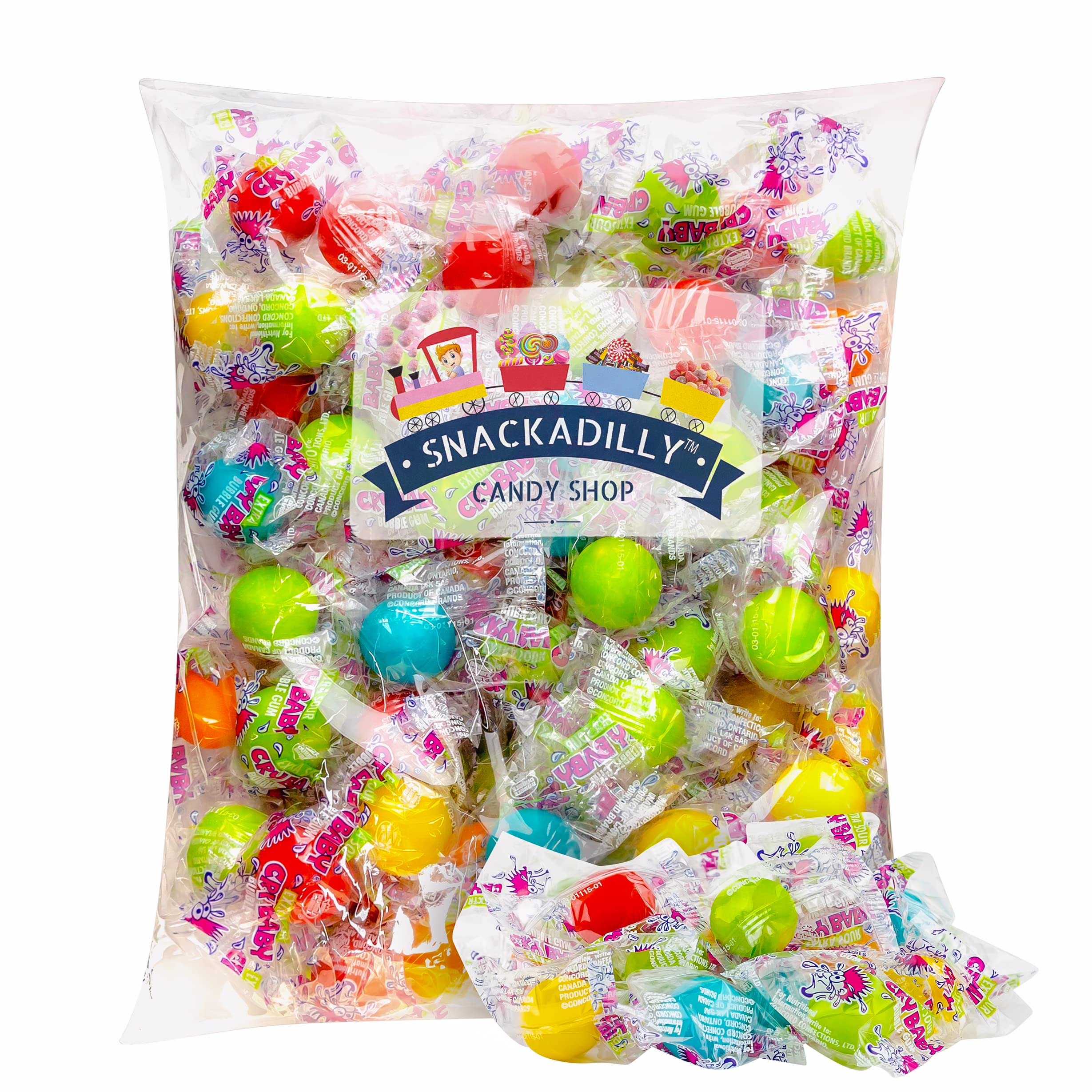 SnackadillyCry Baby Extra Sour Bubble Gum - 80 Wrapped Gumballs - Lemon, Cherry, Berry, Orange and Apple Flavored Bubble Gum