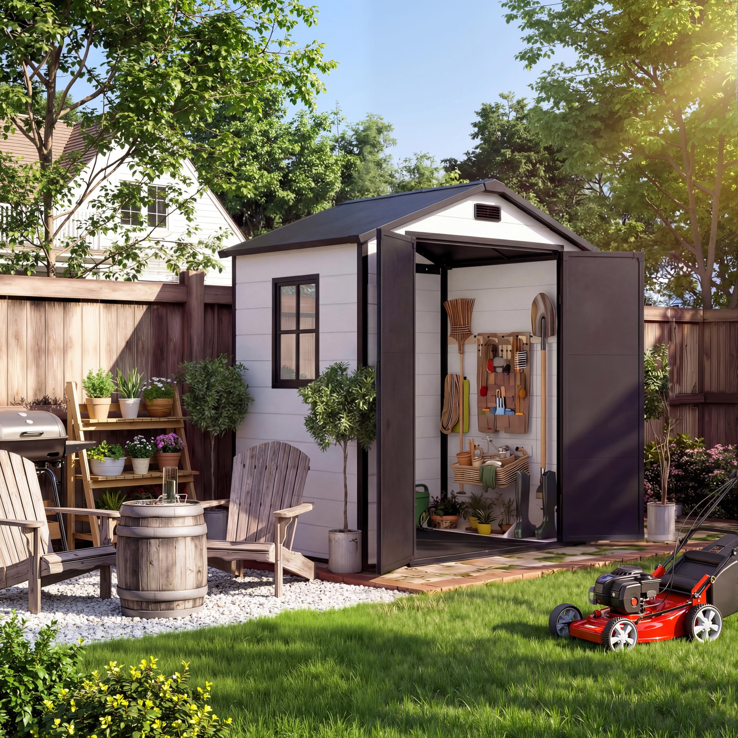 Photo 1 of ****FINAL SALE \NO RETURN****
***UPDATED 5/3*** GarveeLife Plastic Outdoor Storage Shed with Floor & Window, Resin Garden Shed for Patio, Lawn Mower, Bike & Tool, Outdoor Storage with Lockable Door & 2 Vents & Sloped Roof (Gray + Black)