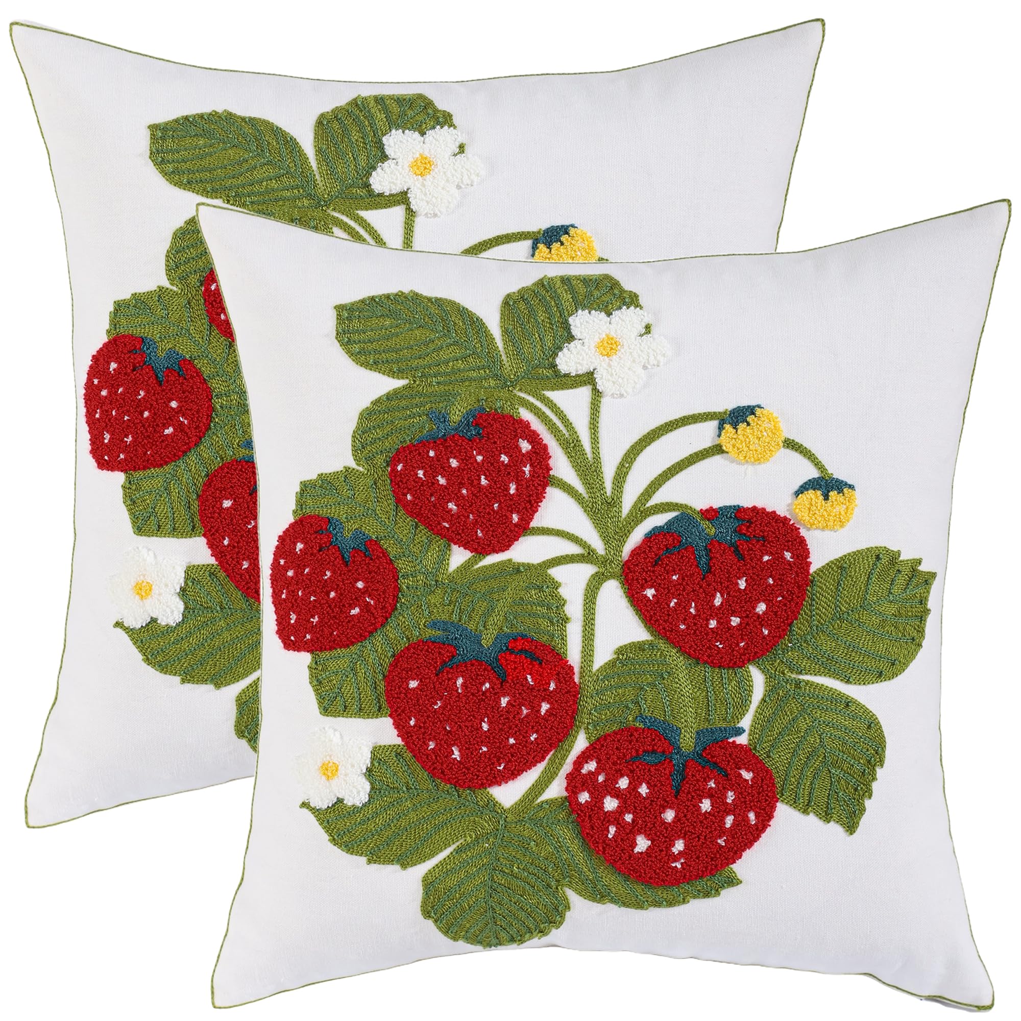 Tosleo Embroidered Throw Pillow Covers 18x18 inch Pack of 2 Red Strawberry with Green Leaves Floral Pillowcases Farmhouse